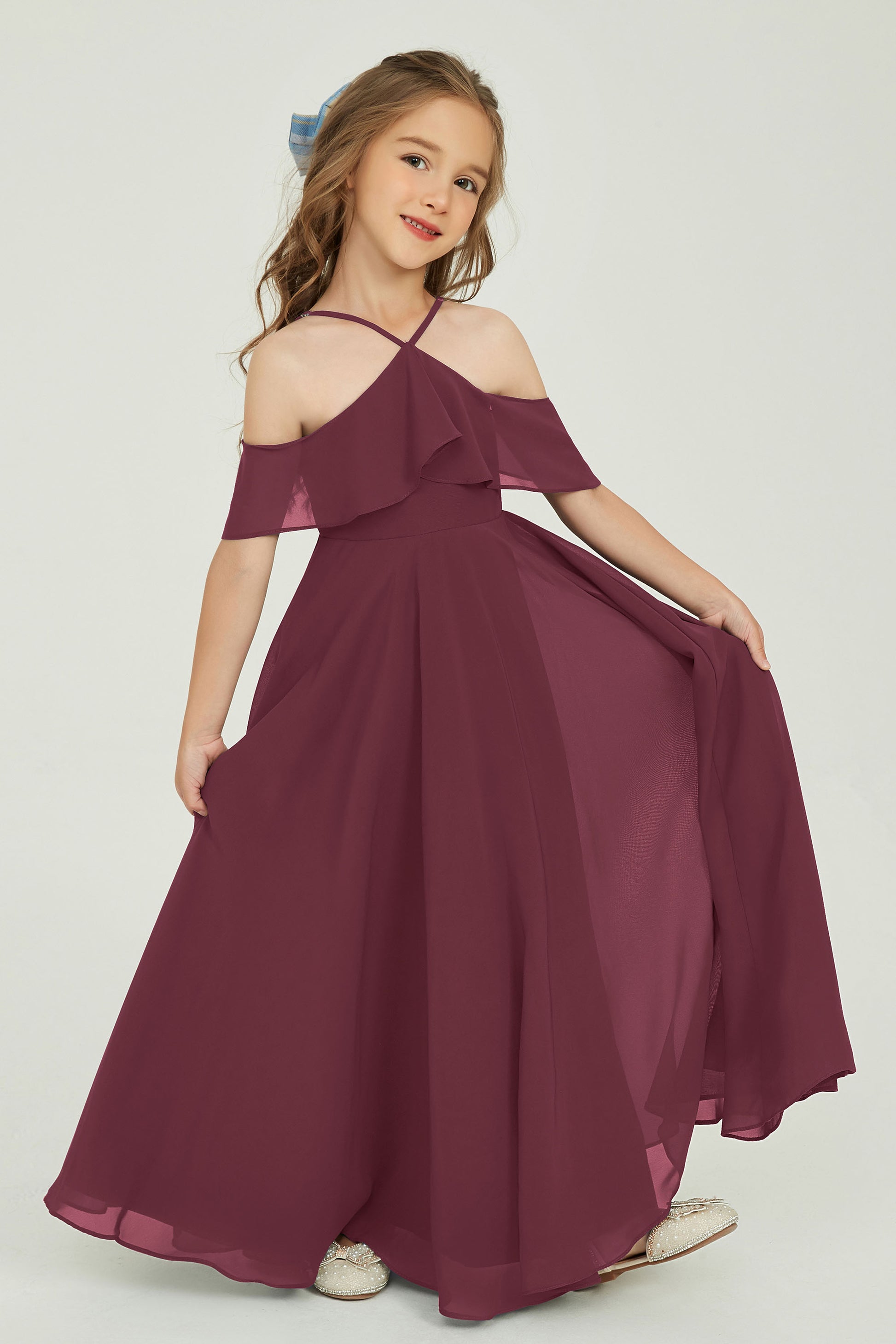 Duntery Off Shoulder Chiffon Junior Bridesmaid Dress with Flutter Sleeves, Burgundy Duntery Off Shoulder Chiffon Junior Bridesmaid Dress with Flutter Sleeves, Burgundy