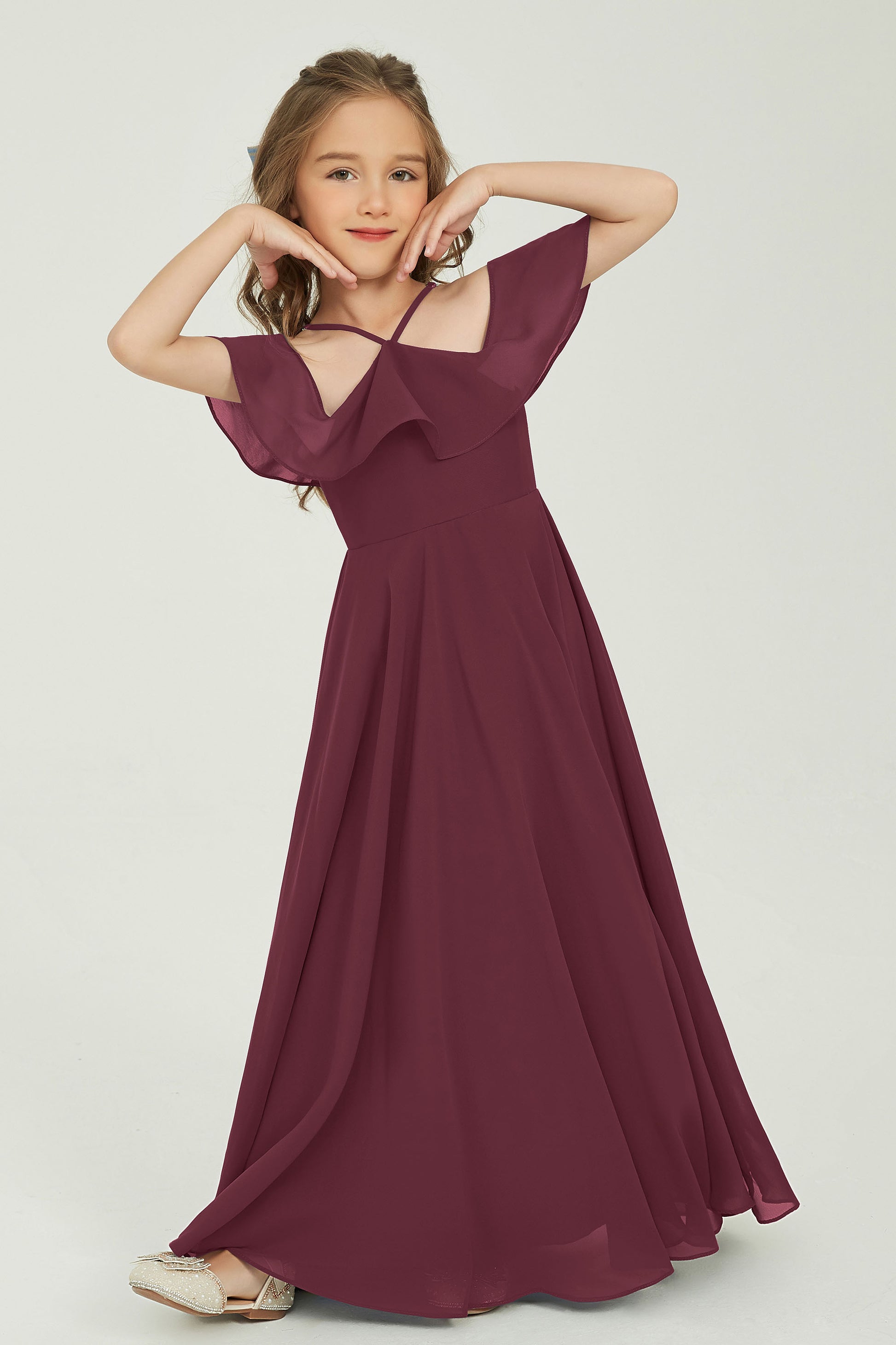 Duntery Off Shoulder Chiffon Junior Bridesmaid Dress With Flutter Sleeves, Cabernet Duntery Off Shoulder Chiffon Junior Bridesmaid Dress With Flutter Sleeves, Cabernet