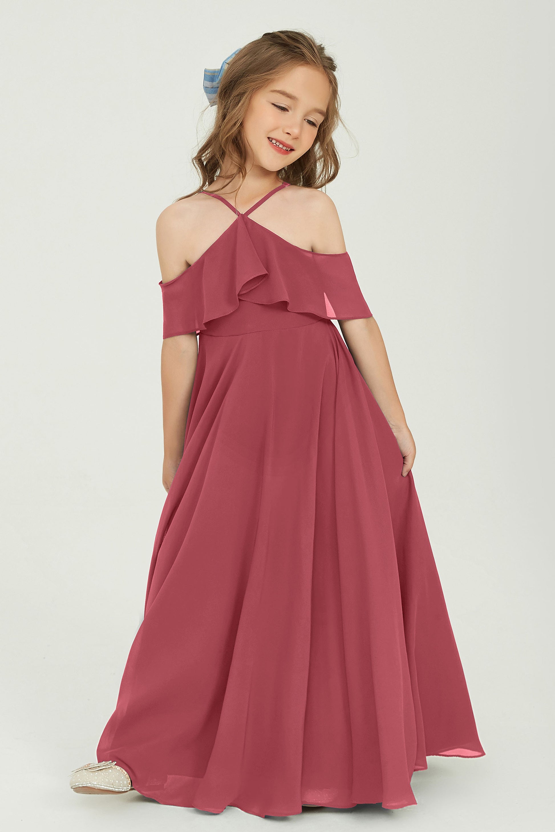 Duntery Off Shoulder Chiffon Junior Bridesmaid Dress With Flutter Sleeves, Burgundy Duntery Off Shoulder Chiffon Junior Bridesmaid Dress With Flutter Sleeves, Burgundy