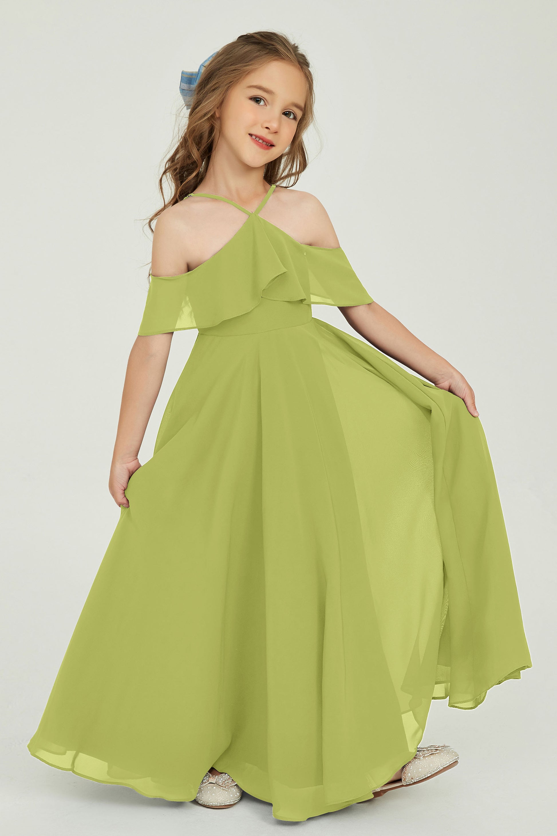 Duntery Long Chiffon Junior Bridesmaid Dress with Flutter Sleeves, Clover Duntery Long Chiffon Junior Bridesmaid Dress with Flutter Sleeves, Clover