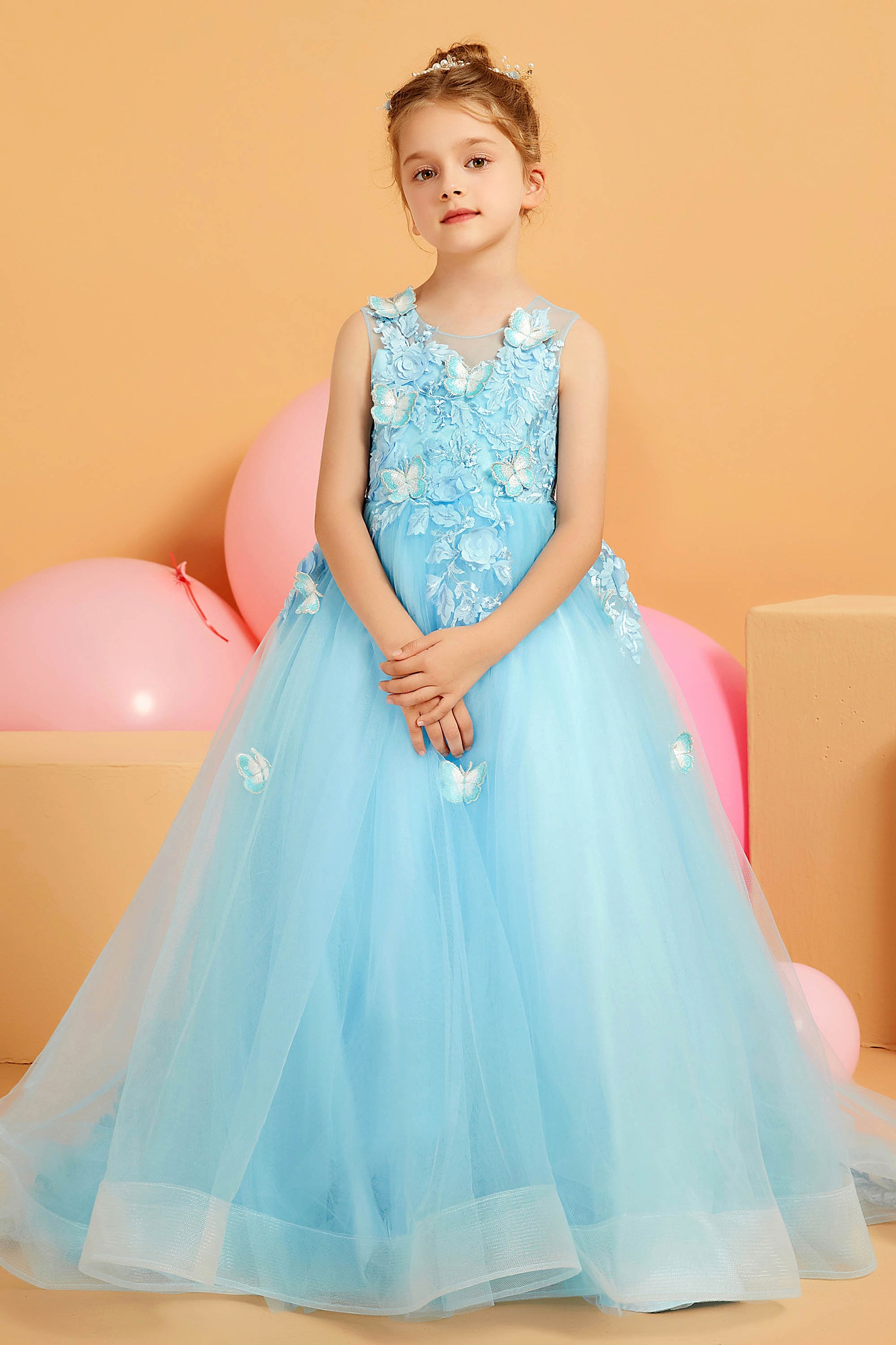 Duntery Butterfly Applique Tulle Flower Girl Ball Gown, Sky-Blue Duntery Butterfly Applique Tulle Flower Girl Ball Gown, Sky-Blue