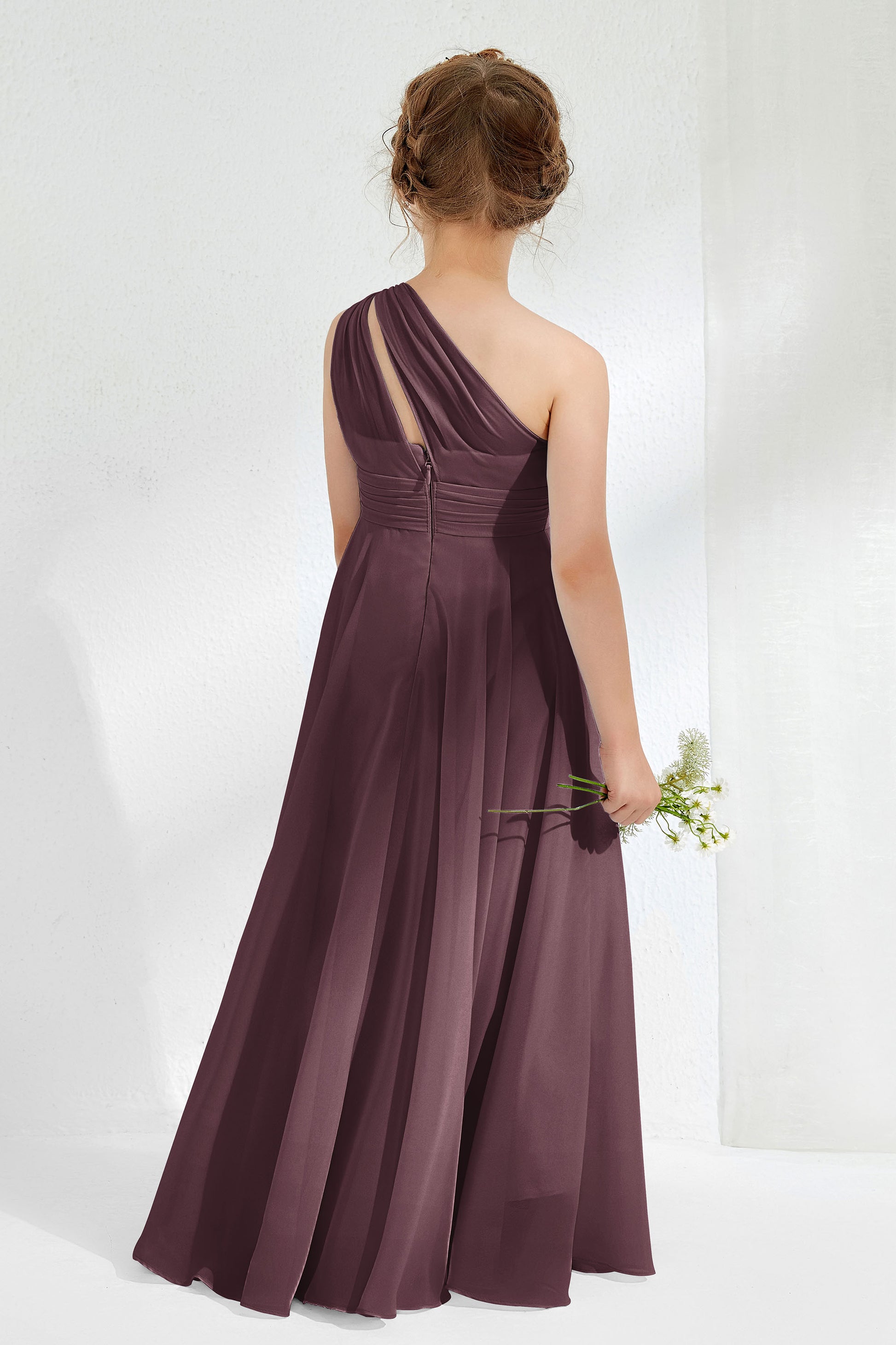 Pleated One Shoulder Chiffon Long Junior Bridesmaid Dress – DUNTERY