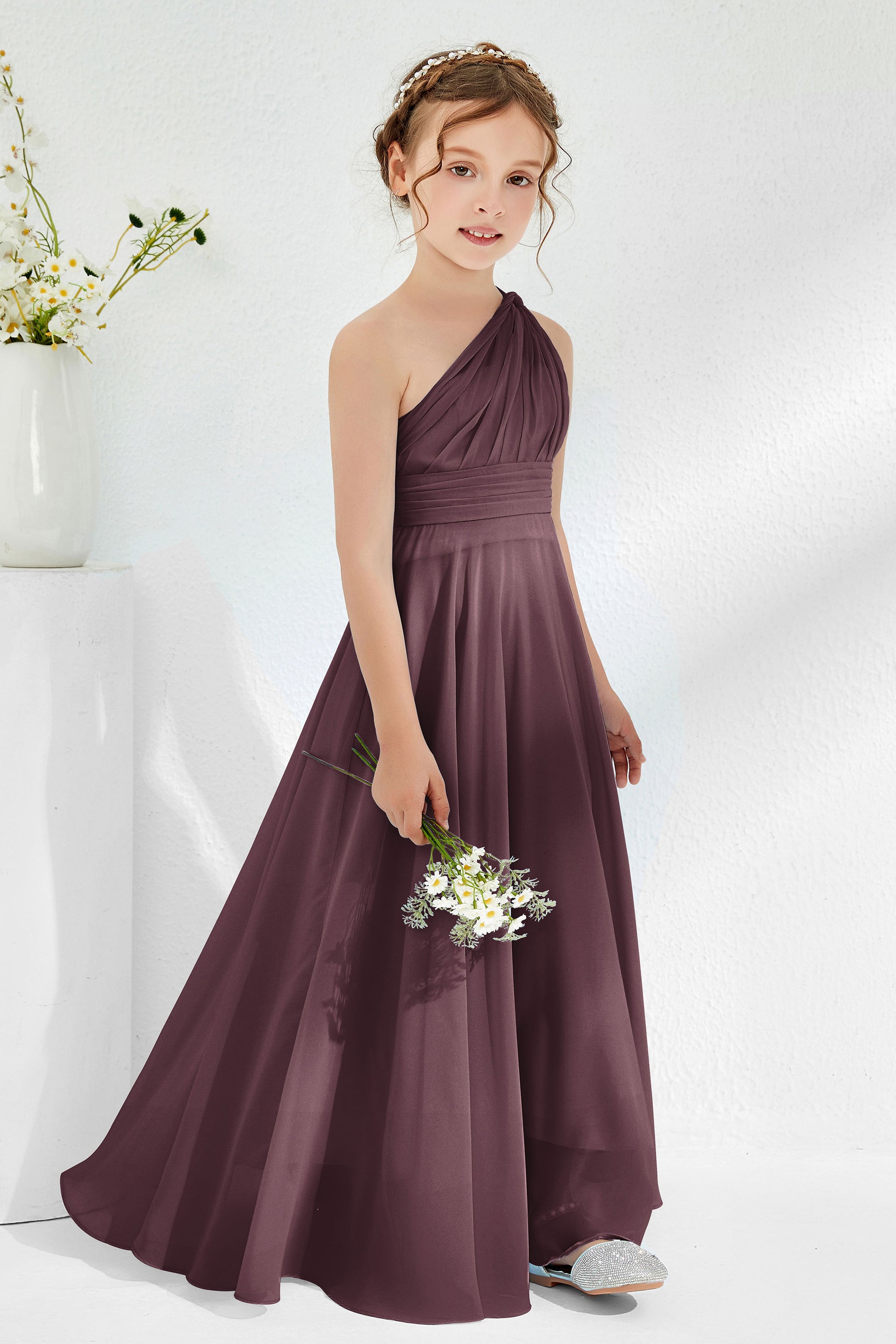 Pleated One Shoulder Chiffon Long Junior Bridesmaid Dress – DUNTERY