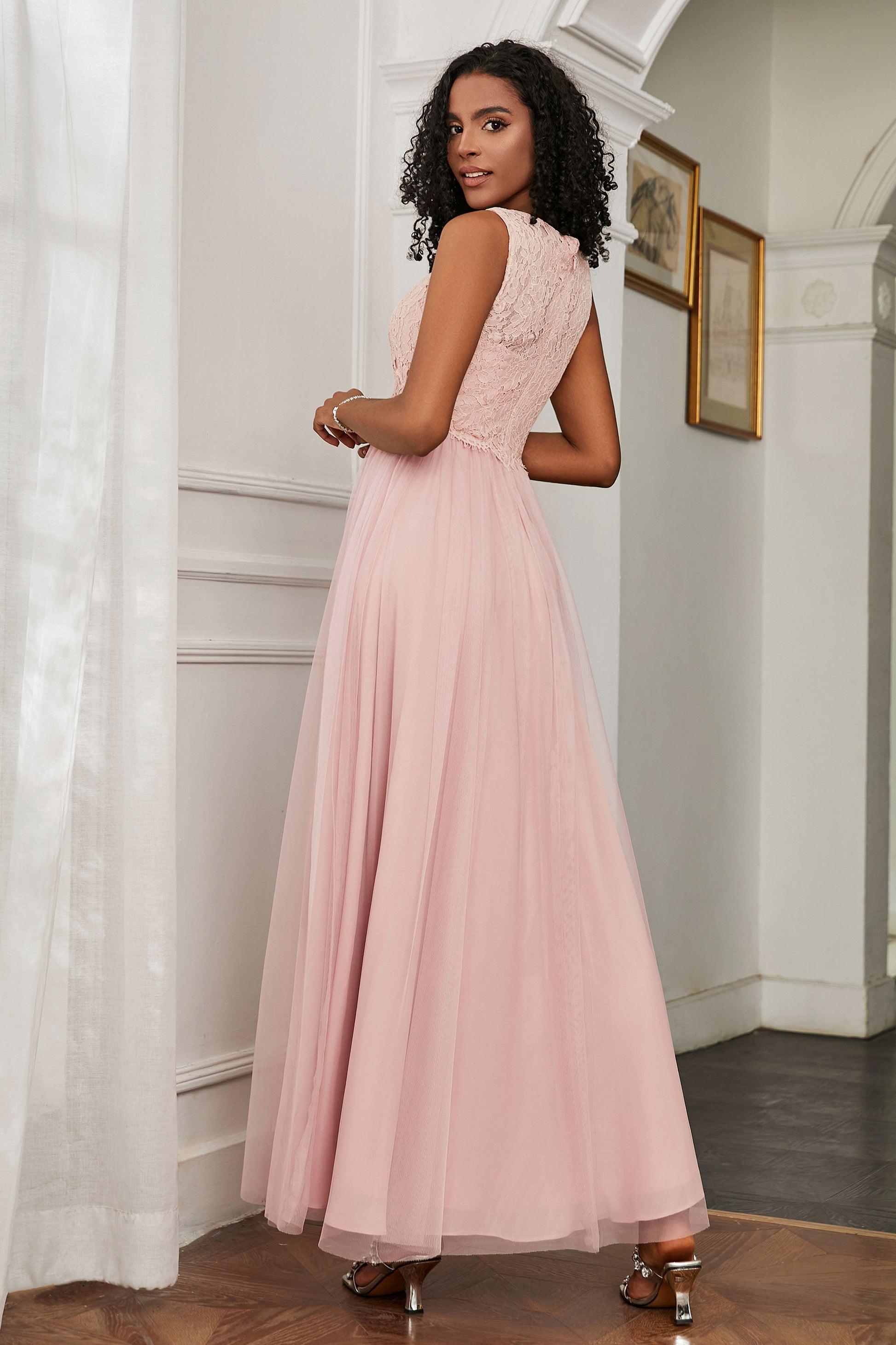 Duntery A-Line Lace Top Tulle Long Dress, Sky-Blue Duntery A-Line Lace Top Tulle Long Dress, Sky-Blue