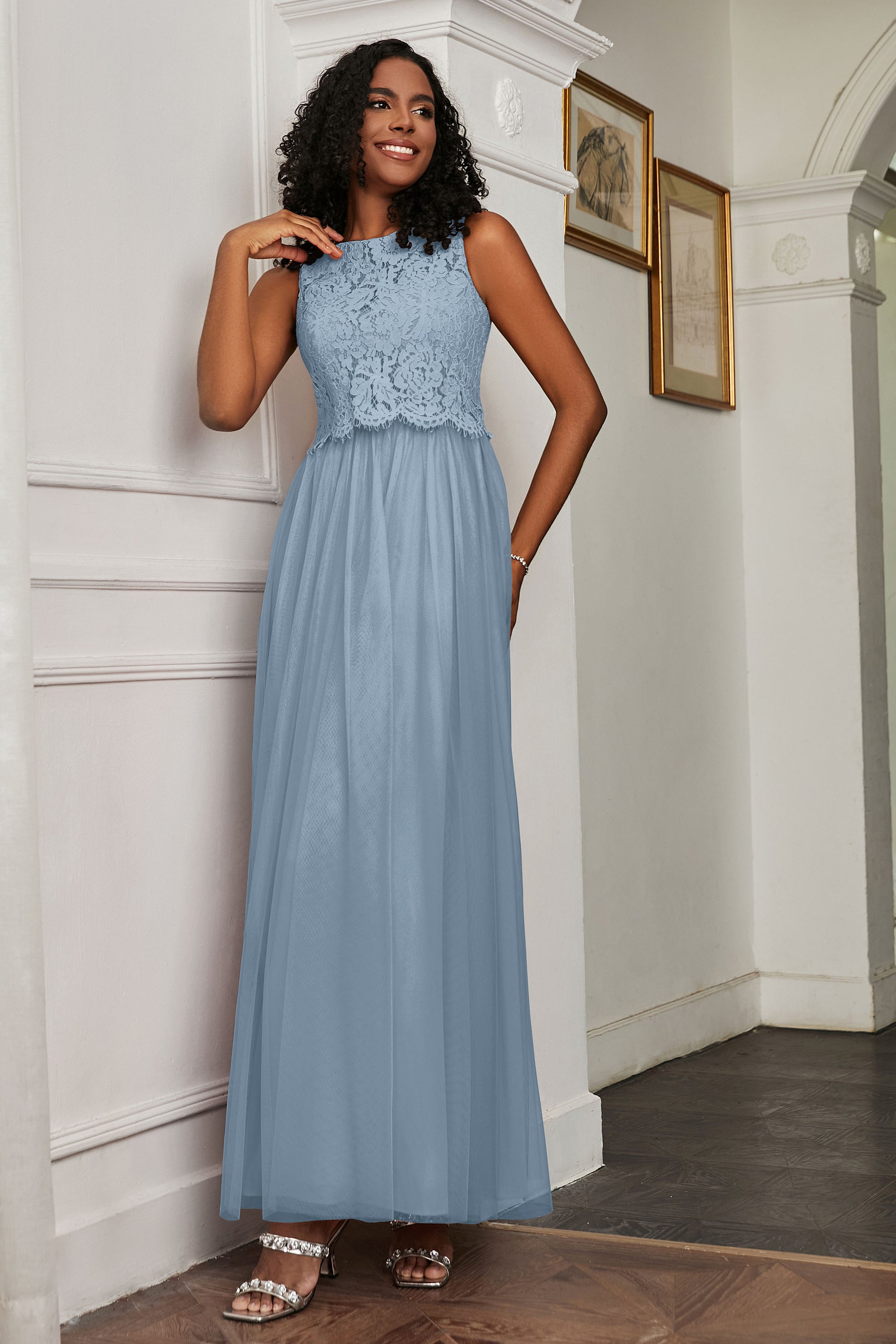 Duntery A-Line Lace Top Tulle Long Dress, Sky-Blue Duntery A-Line Lace Top Tulle Long Dress, Sky-Blue