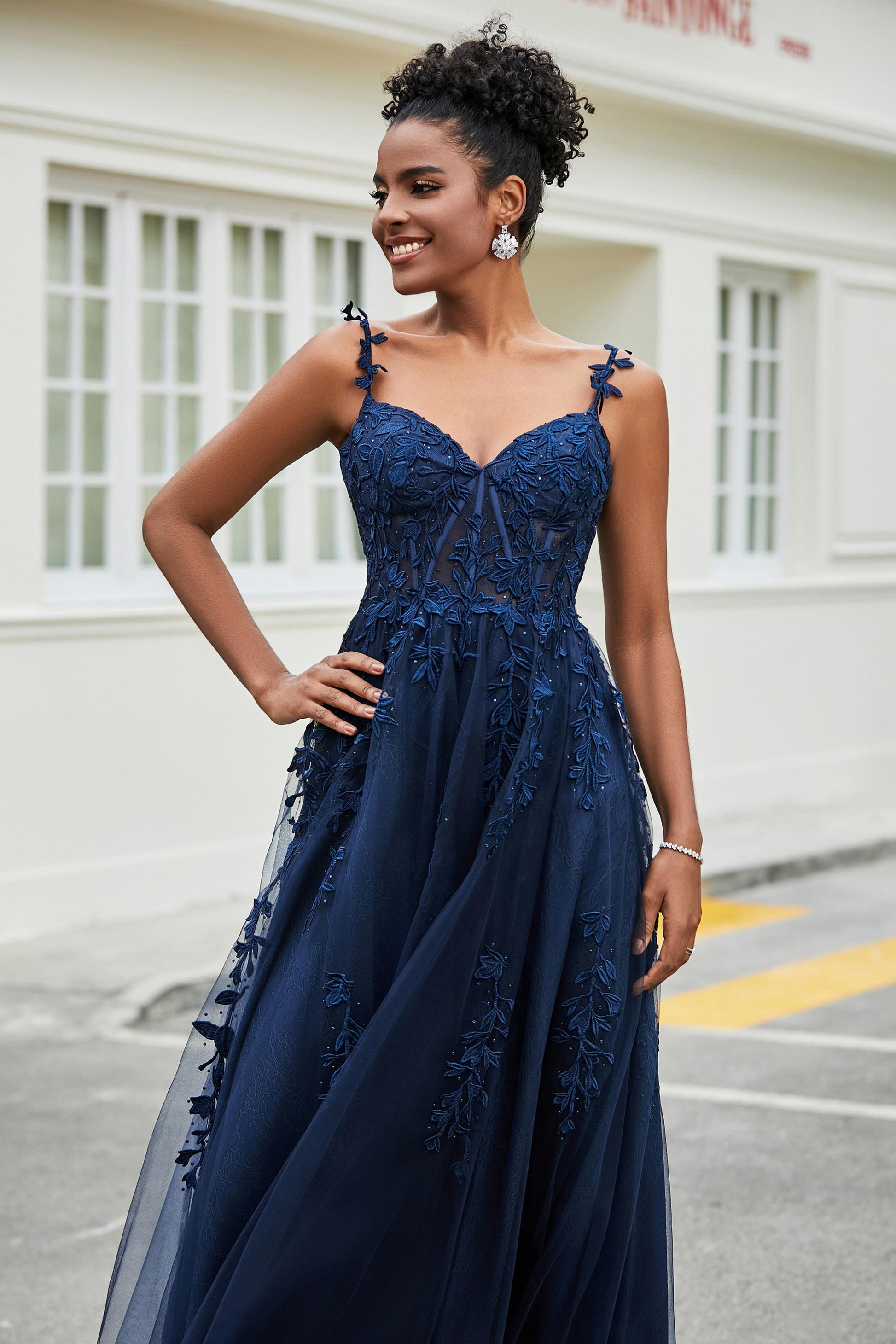 Duntery Sweetheart Applique Tulle Dress with Slit, Dark-Navy Duntery Sweetheart Applique Tulle Dress with Slit, Dark-Navy