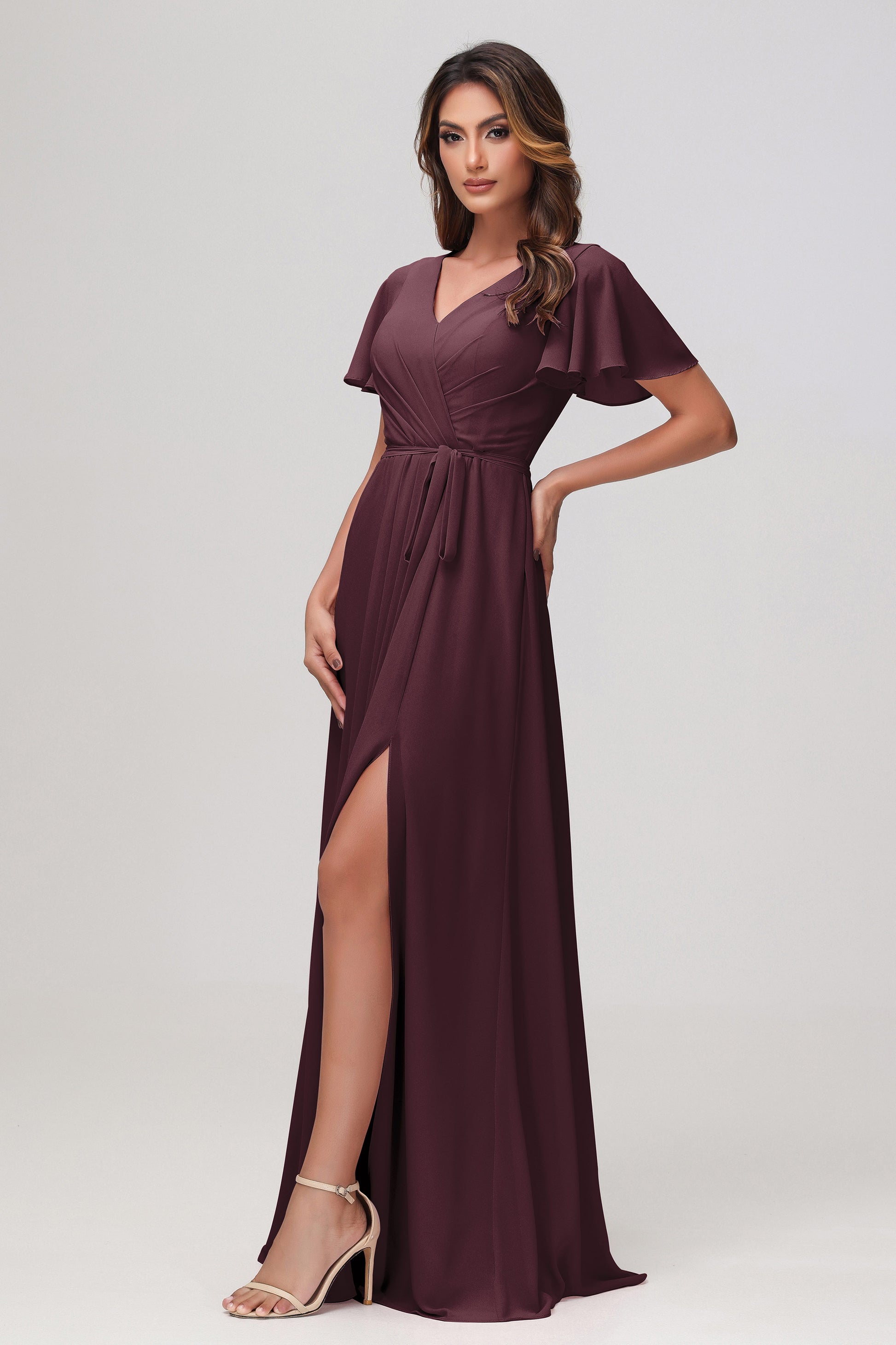 V-neck Flutter Sleeves Dress With Bow Sash DUNTERY V-neck Flutter Sleeves Dress With Bow Sash DUNTERY