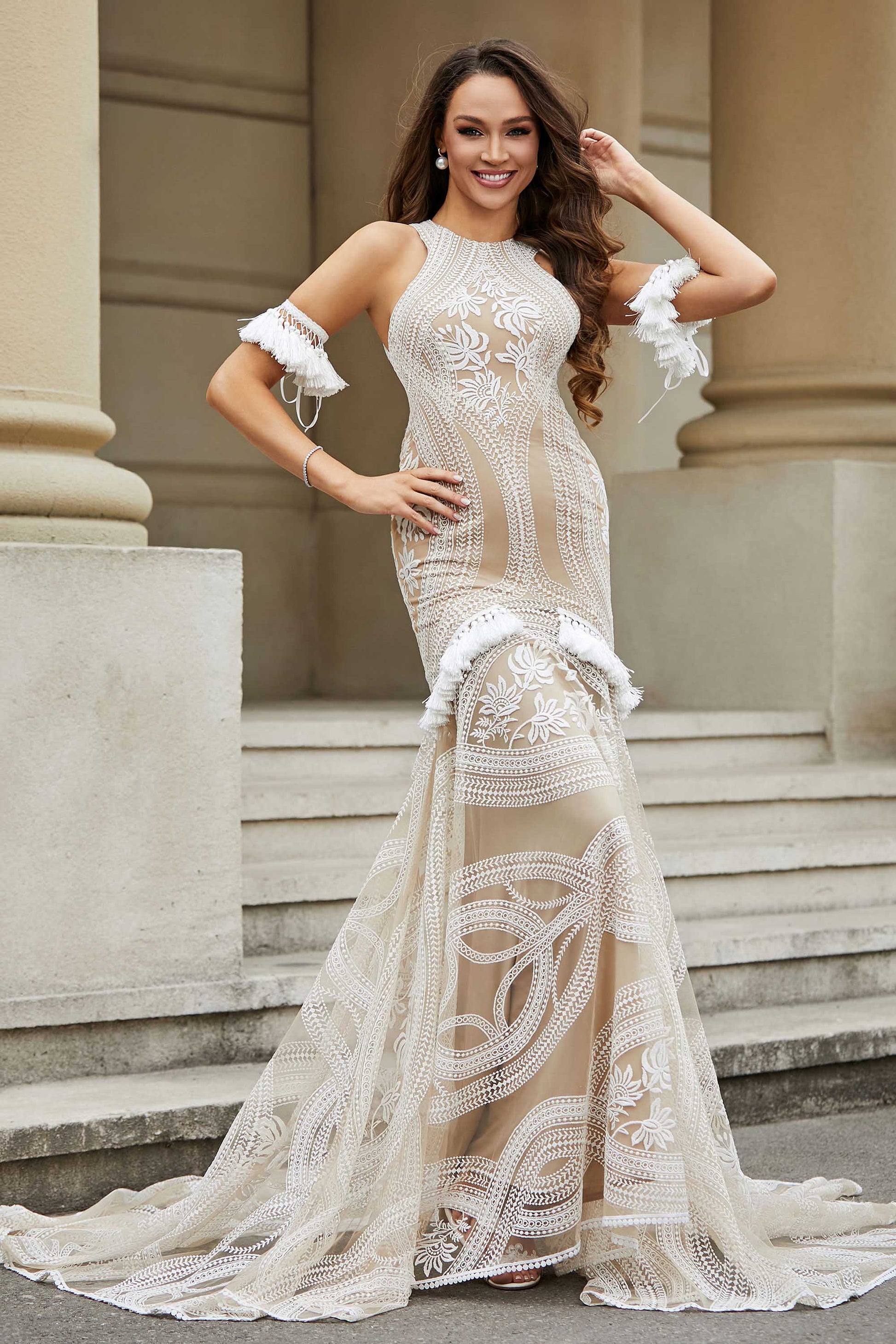 Duntery Jewel Lace Applique Wedding Gown, Champagne Duntery Jewel Lace Applique Wedding Gown, Champagne