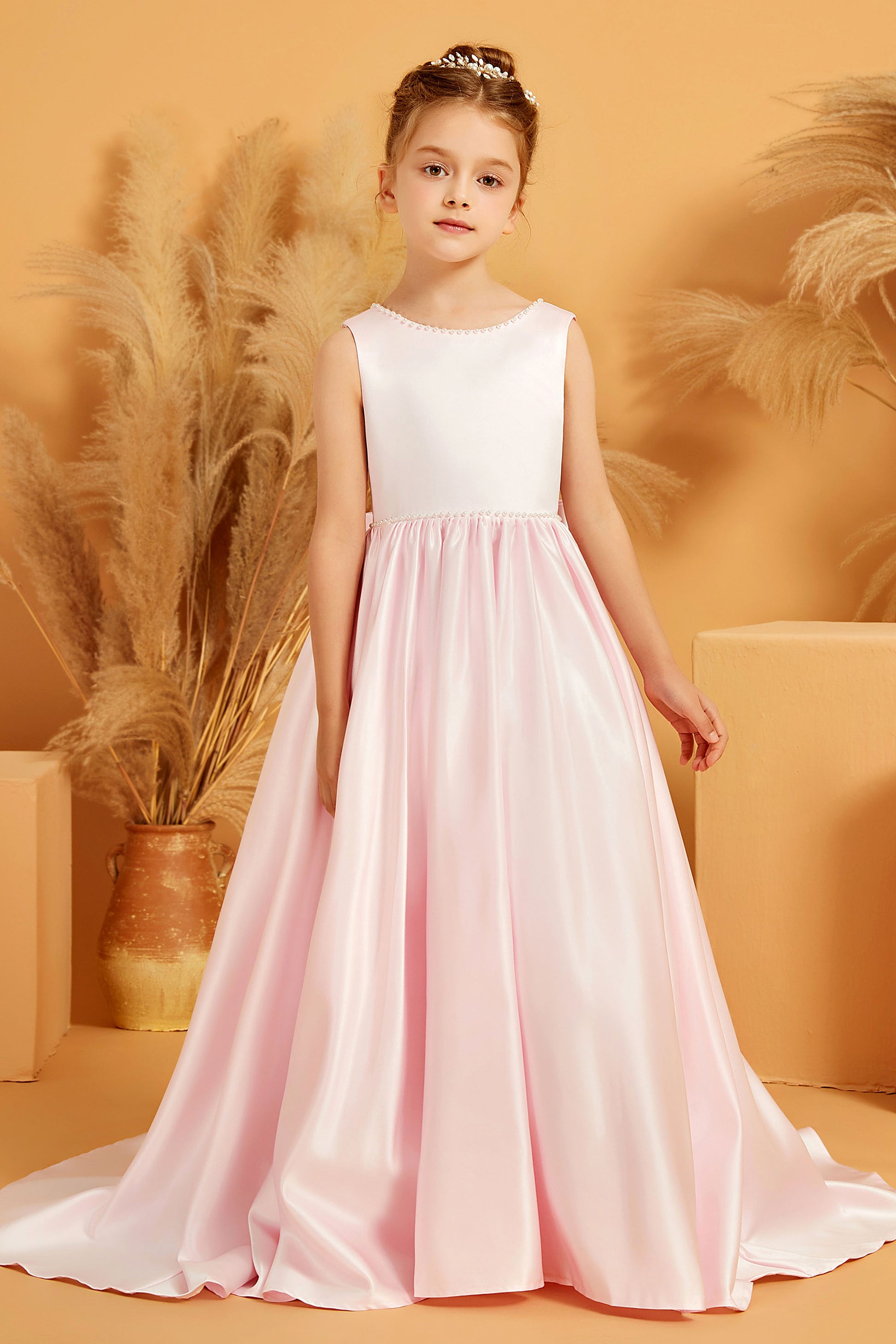 Duntery Beaded Scoop Neck Satin Flower Girl Dress With Bow, Terracotta Duntery Beaded Scoop Neck Satin Flower Girl Dress With Bow, Terracotta