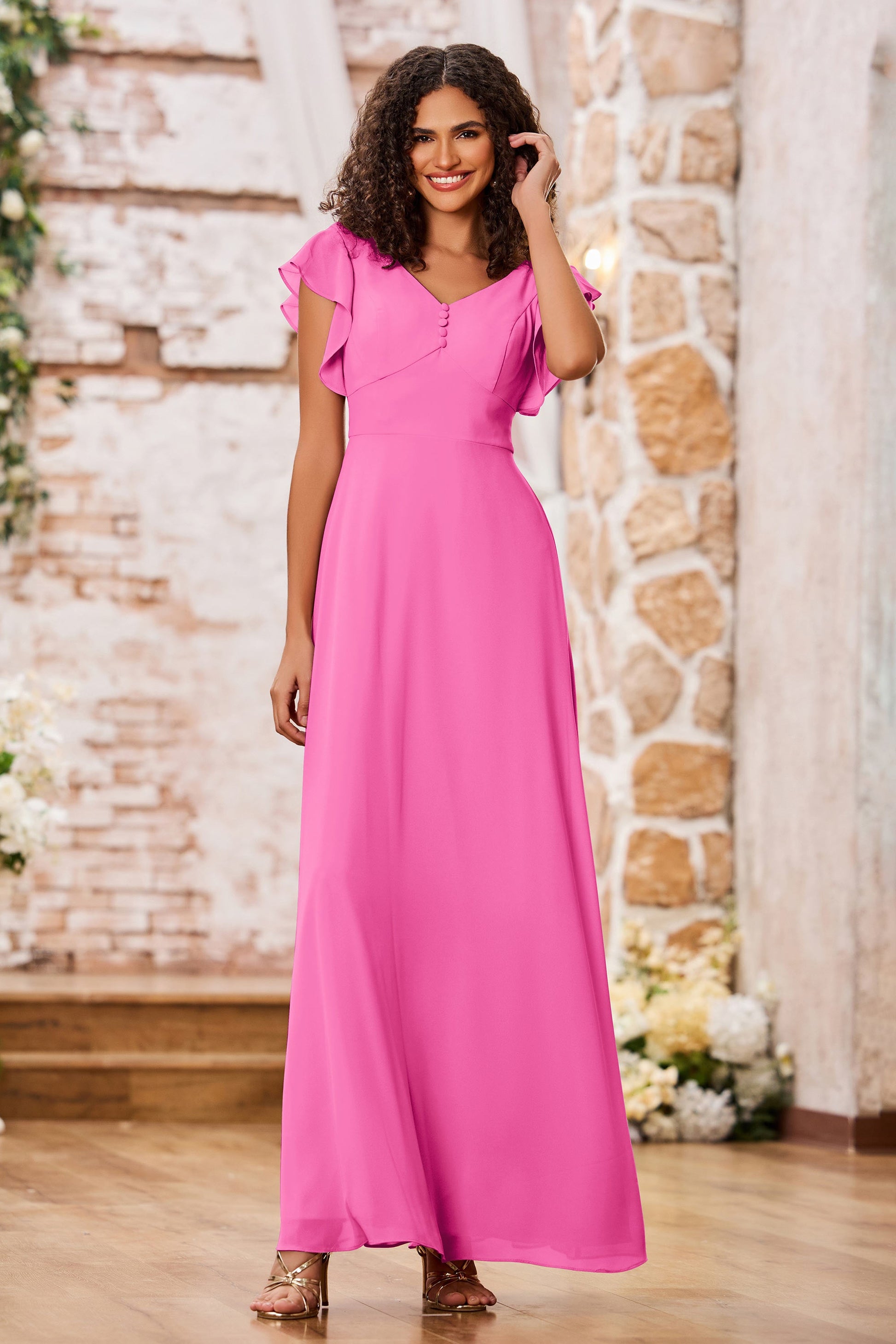 Duntery Flutter Sleeves V Neck Chiffon Long Dresses, Peach Duntery Flutter Sleeves V Neck Chiffon Long Dresses, Peach