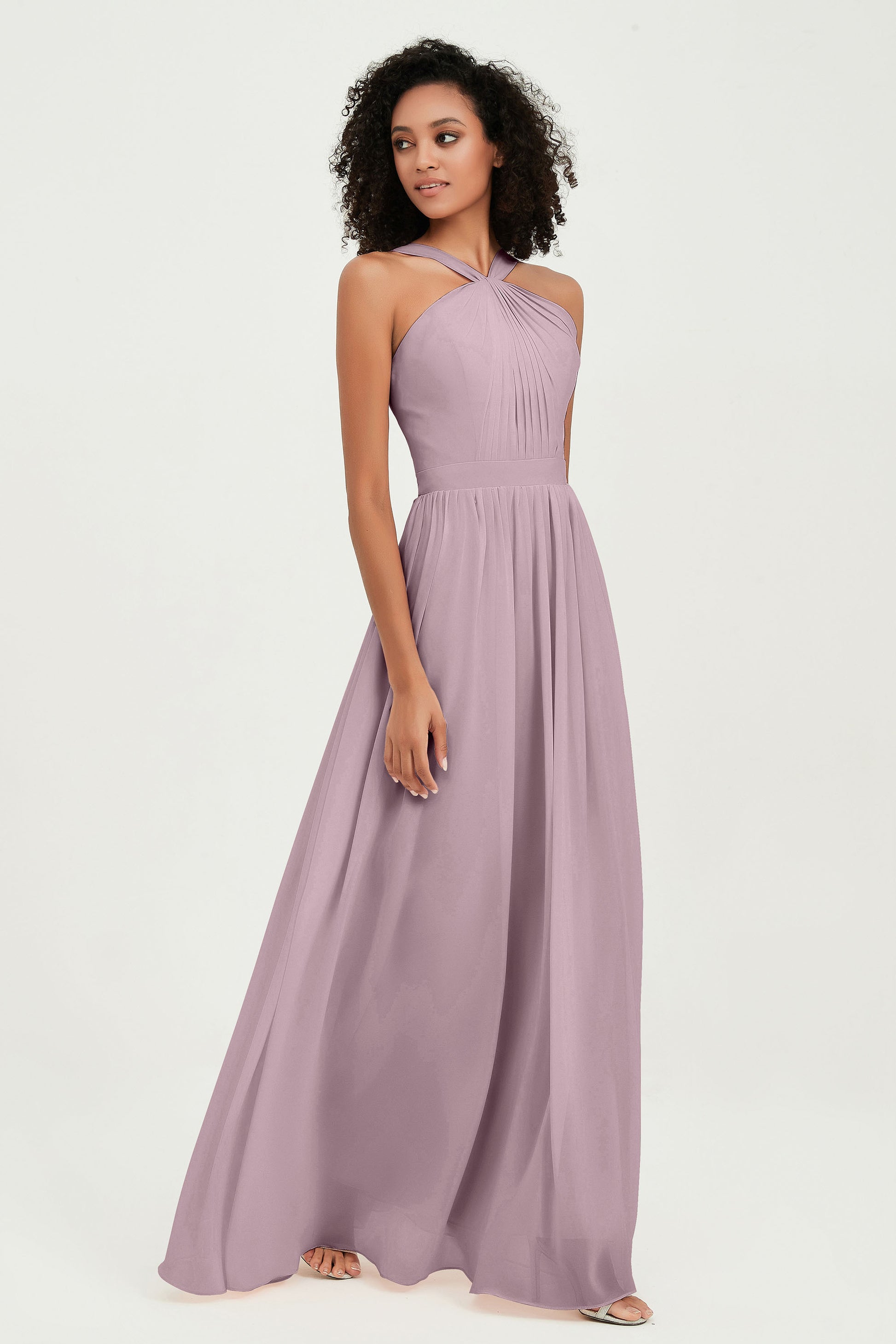 Duntery Long Backless Bridesmaid Dress Halter Pleated Bodice, Dusty-Rose Duntery Long Backless Bridesmaid Dress Halter Pleated Bodice, Dusty-Rose
