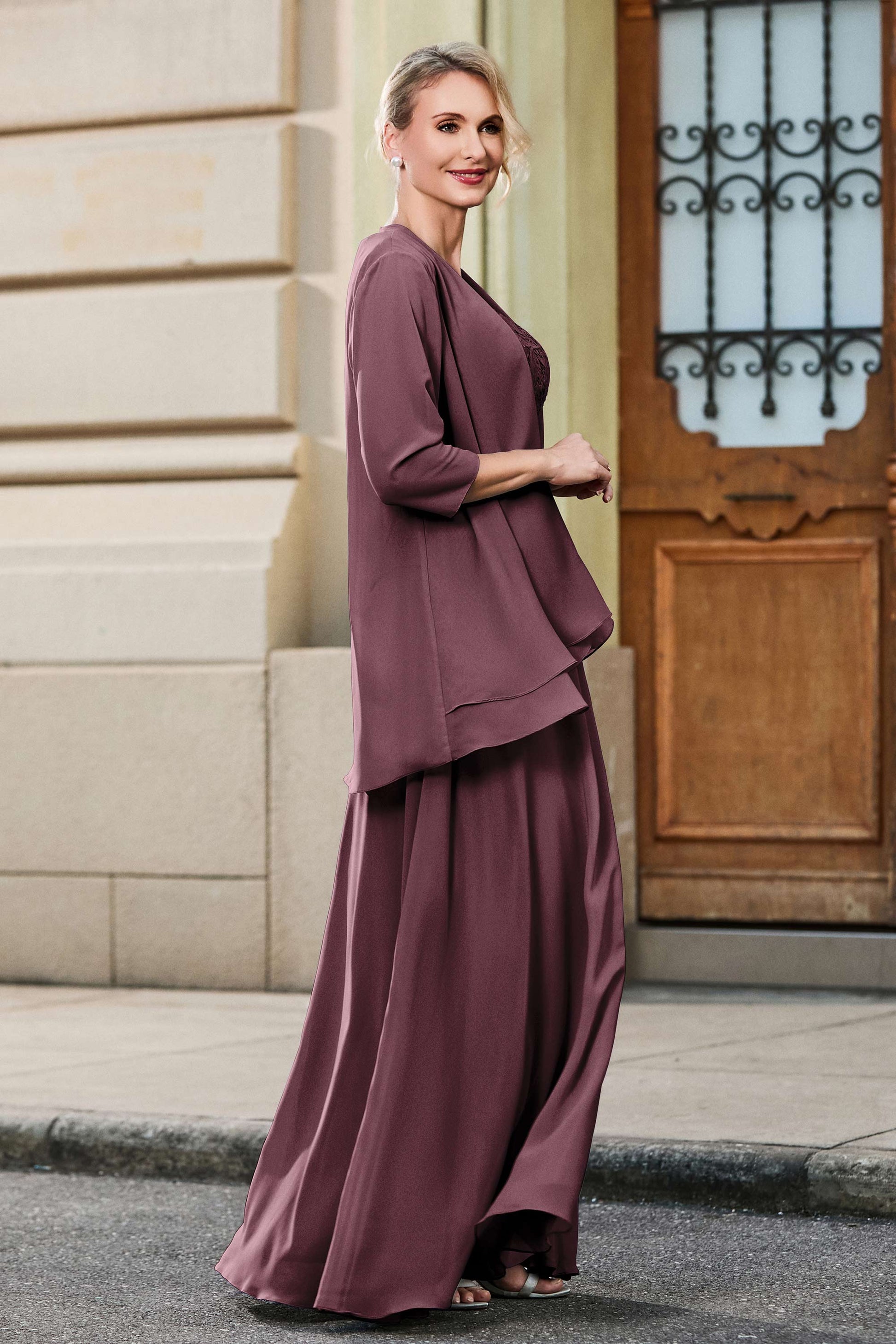 Lace Bodice Chiffon A-Line Dress With Jacket DUNTERY Lace Bodice Chiffon A-Line Dress With Jacket DUNTERY