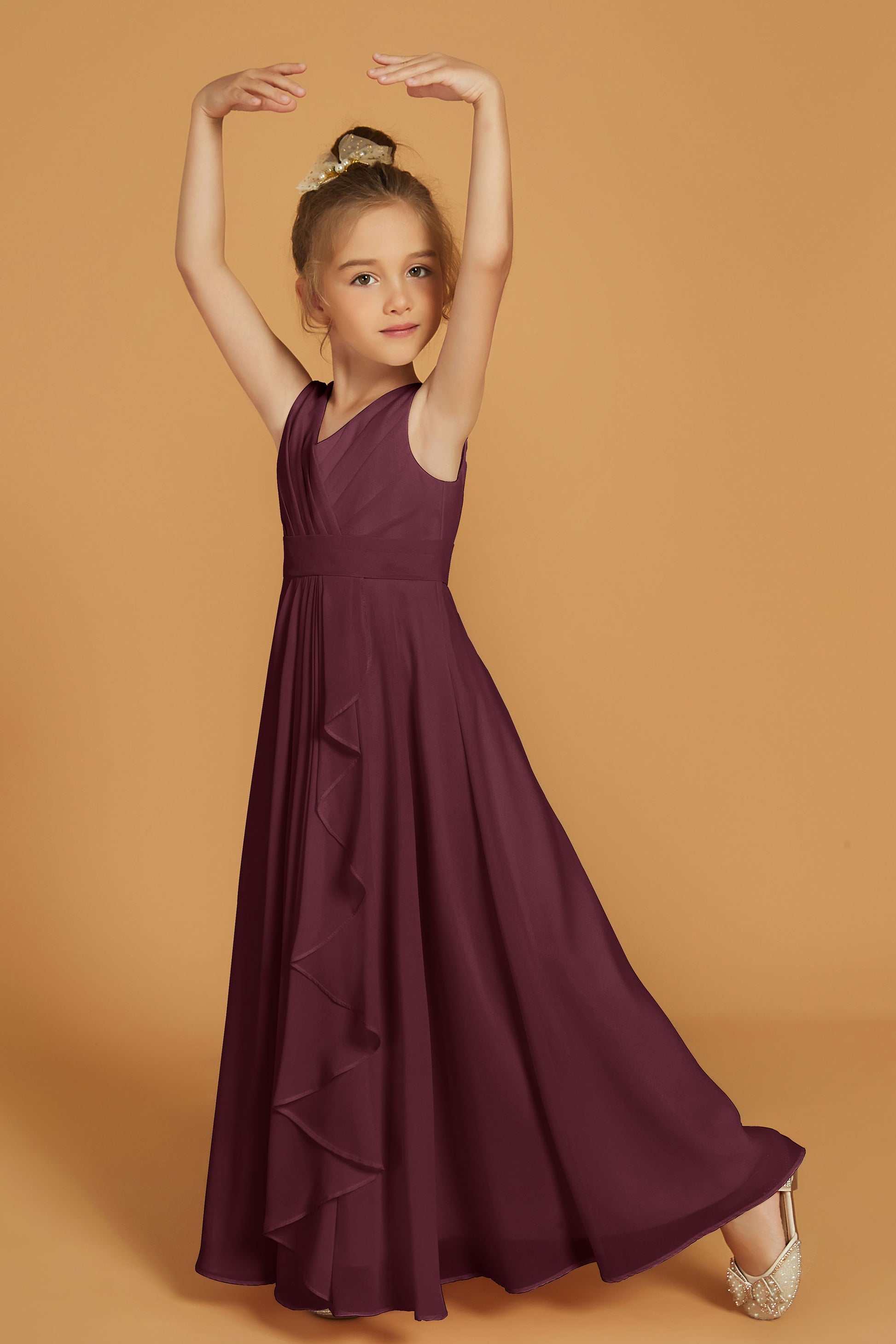 Duntery Cascading Ruffles V Neck Chiffon Junior Bridesmaid Dress, Mulberry Duntery Cascading Ruffles V Neck Chiffon Junior Bridesmaid Dress, Mulberry