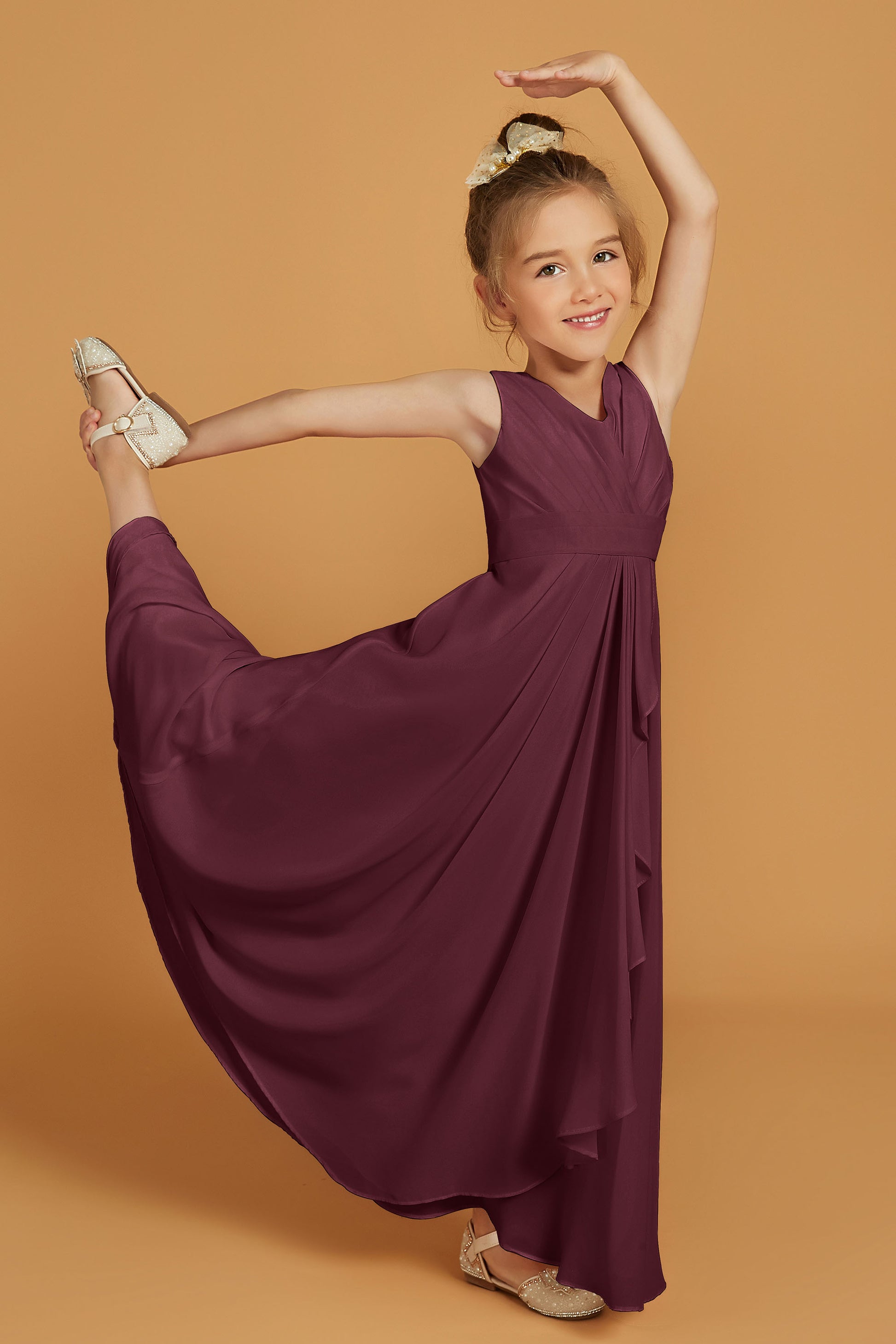 Duntery Cascading Ruffles V Neck Chiffon Junior Bridesmaid Dress, Mulberry Duntery Cascading Ruffles V Neck Chiffon Junior Bridesmaid Dress, Mulberry