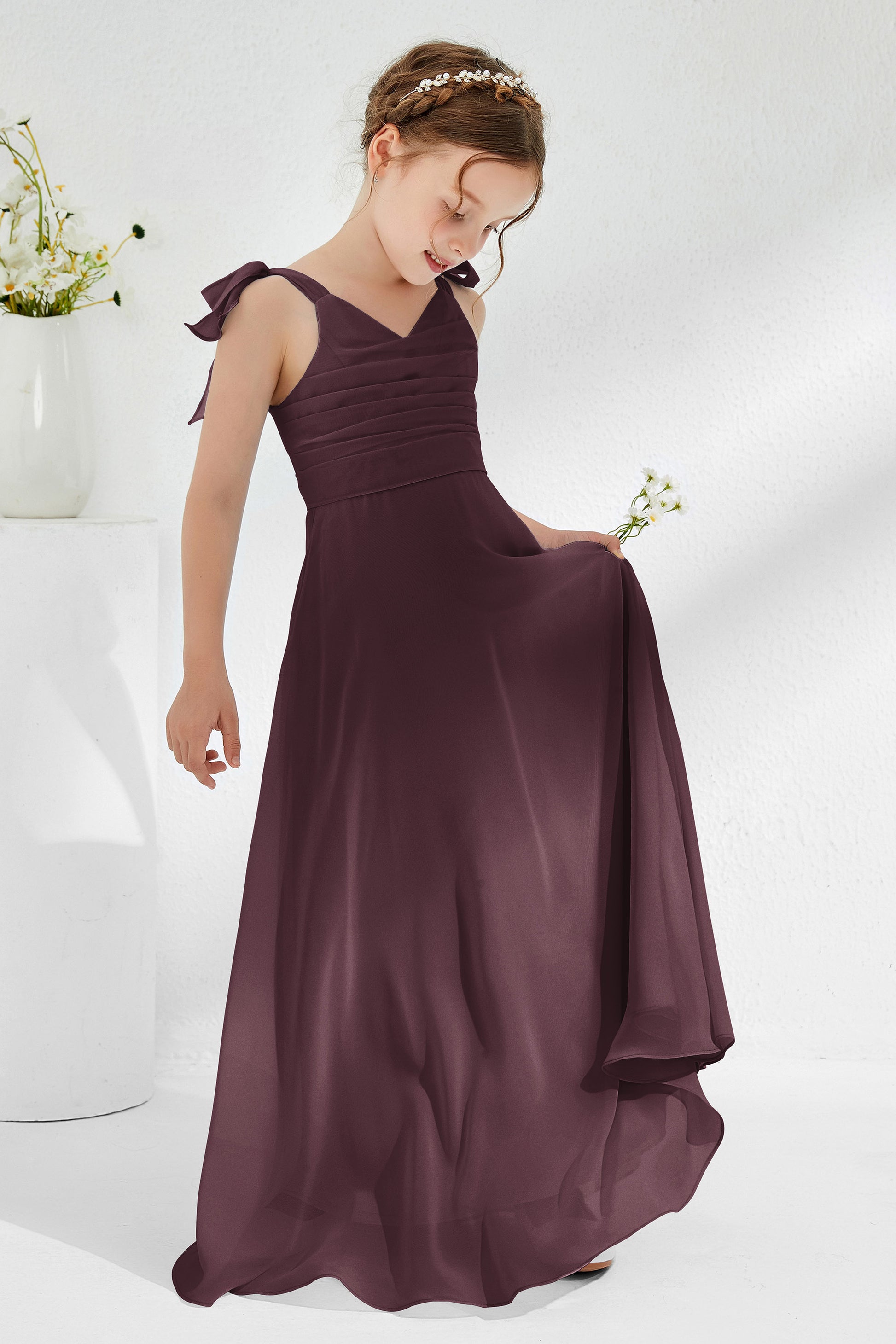 junior burgundy bridesmaid dress A Line V Back Chiffon Lace Junior Bridesmaid Dress