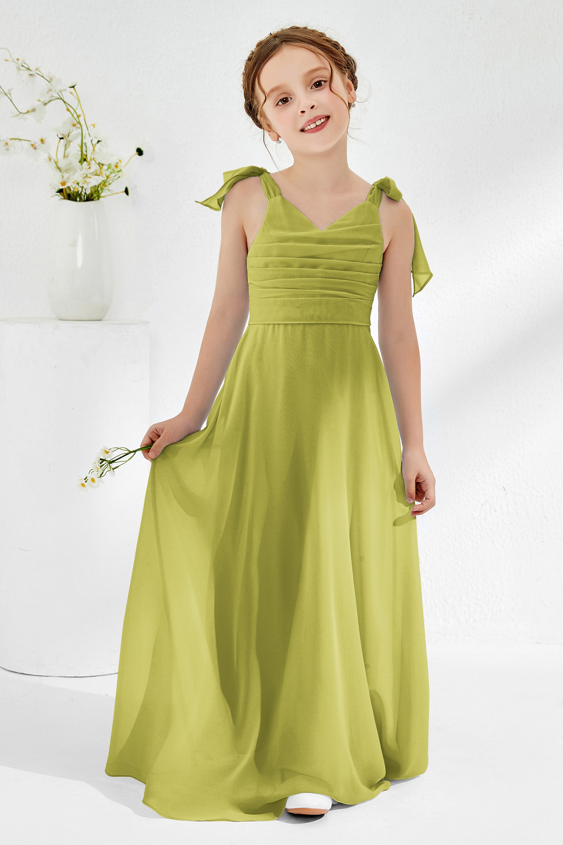 Duntery V-neck Chiffon Junior Bridesmaid Dress With Bow Straps, Lime-Green Duntery V-neck Chiffon Junior Bridesmaid Dress With Bow Straps, Lime-Green