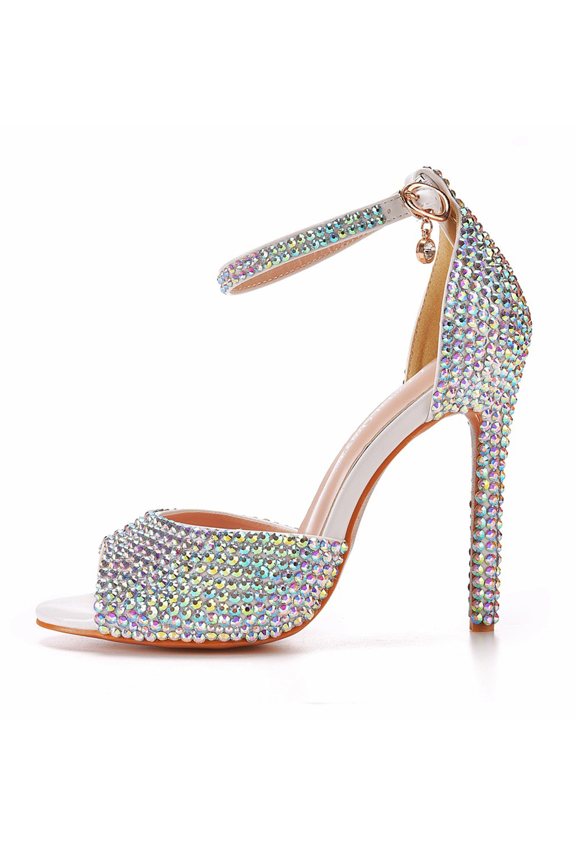Colorful Rhinestone Peep Toe Ankle Strap Stiletto High Heels – DUNTERY