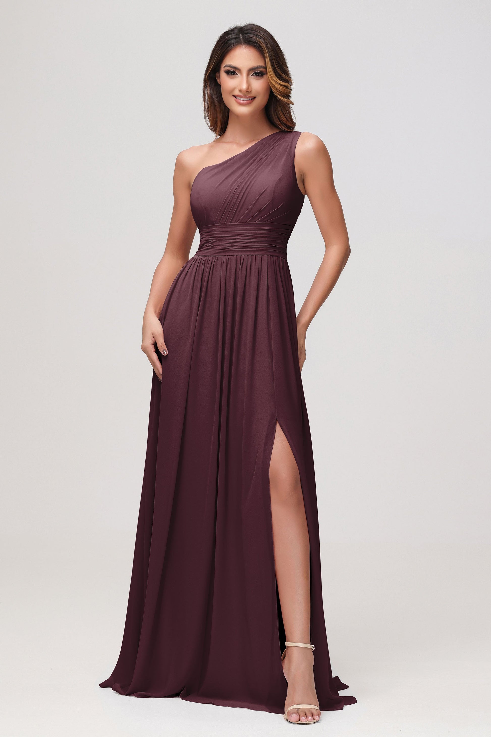 Pleated One Shoulder Chiffon Maxi Dress With Slit DUNTERY Pleated One Shoulder Chiffon Maxi Dress With Slit DUNTERY