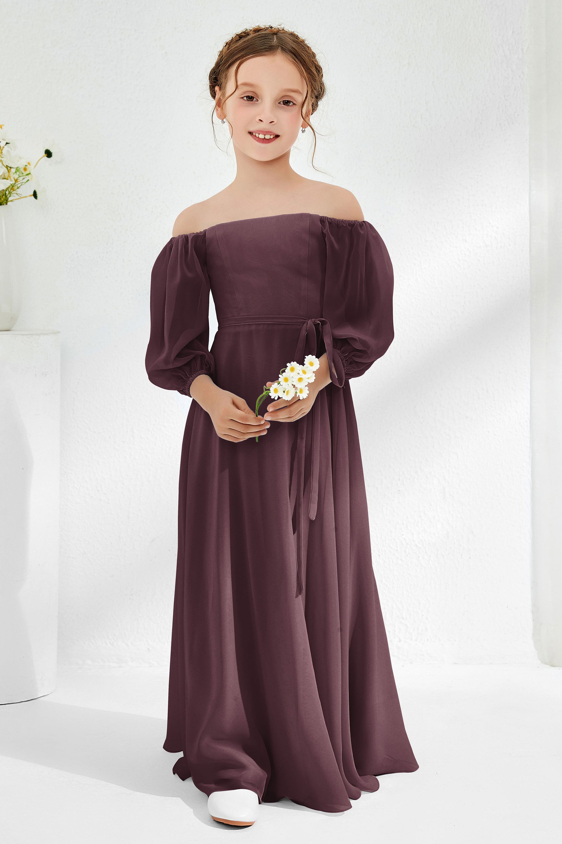 Duntery Off Shoulder Chiffon Junior Bridesmaid Dress with Sash Dark Green