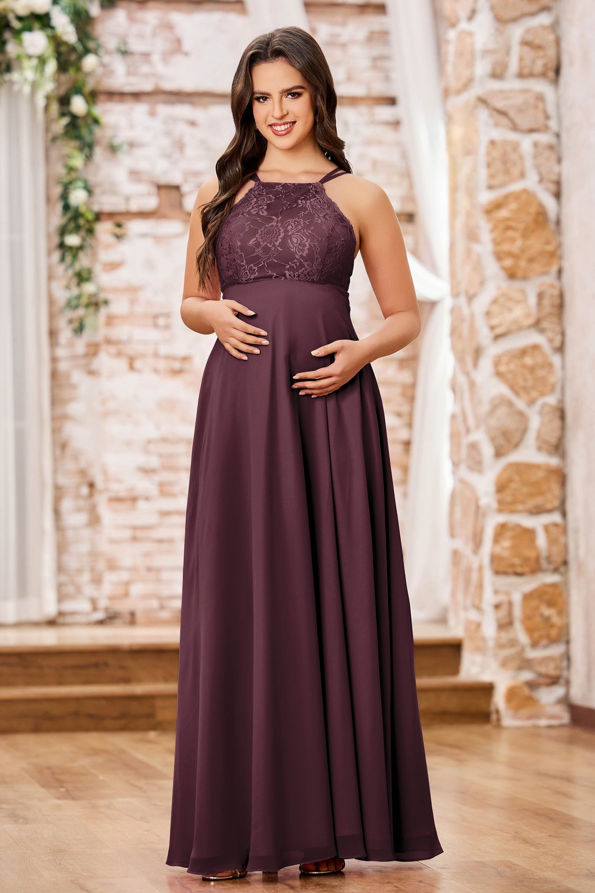 Duntery Lace Top Chiffon A-Line Long Maternity Dresses, Tangerine Duntery Lace Top Chiffon A-Line Long Maternity Dresses, Tangerine