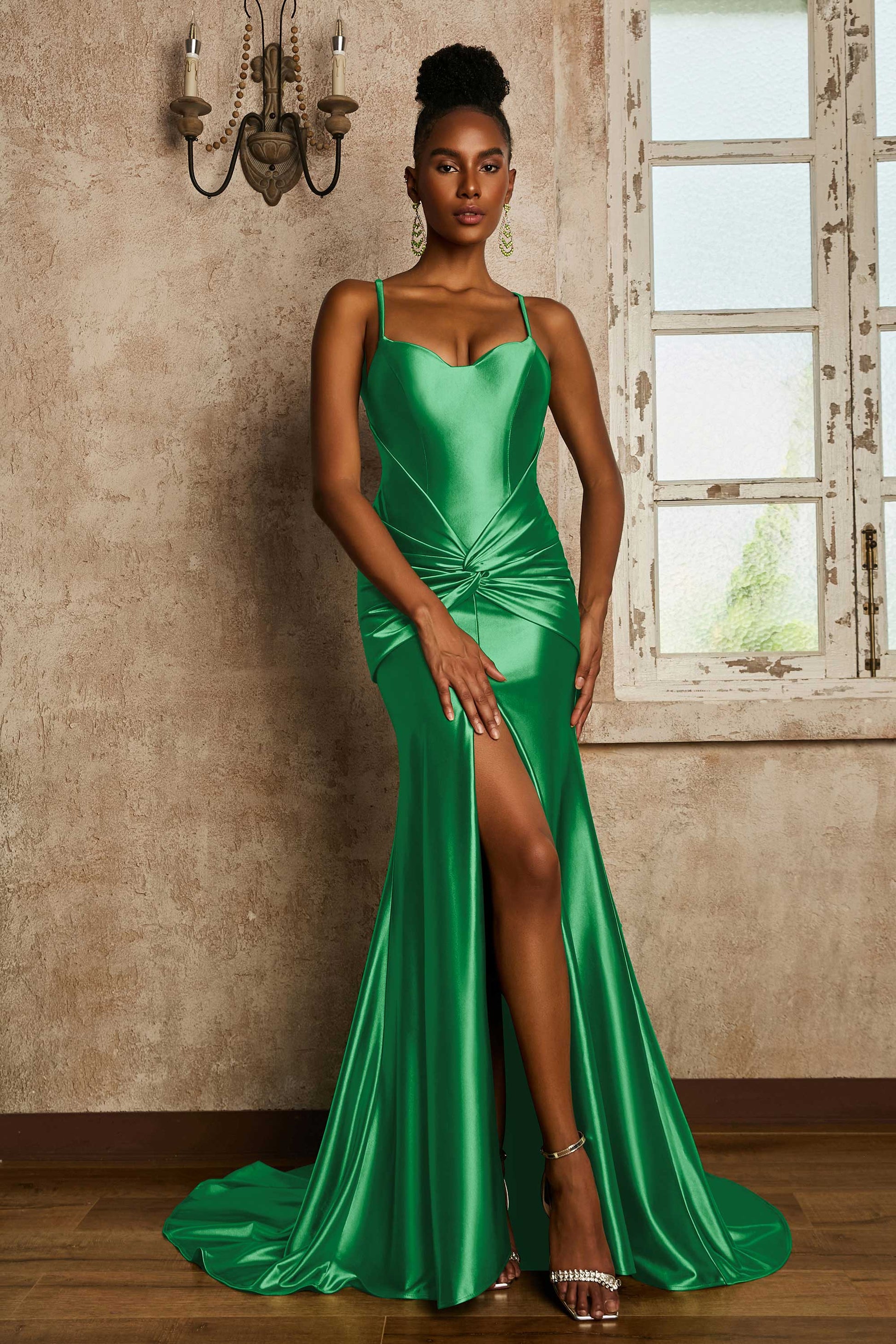 Duntery Pleated Stretch Satin Mermaid Gown with Slit, Navy-Blue Duntery Pleated Stretch Satin Mermaid Gown with Slit, Navy-Blue