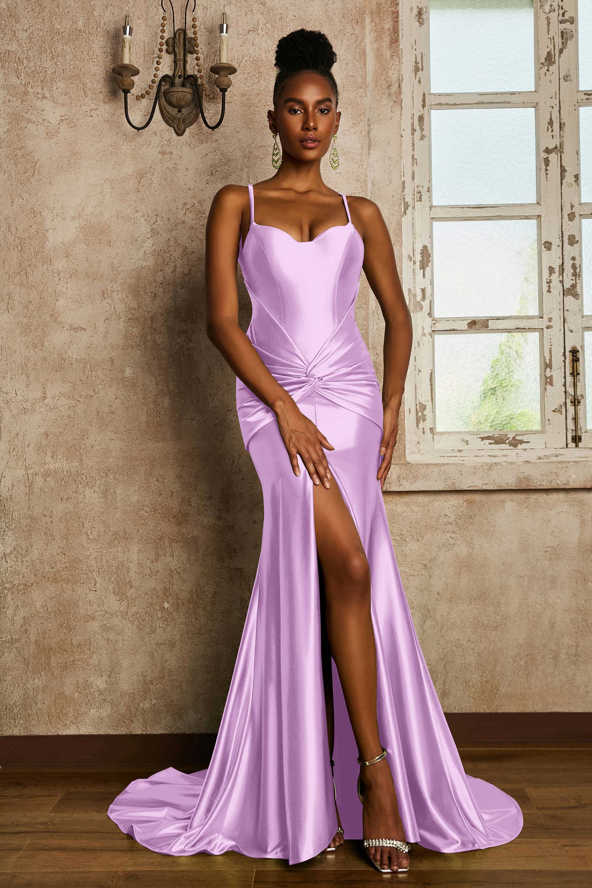 Spaghetti Straps Pleated Stretch Satin Slit Dress DUNTERY Spaghetti Straps Pleated Stretch Satin Slit Dress DUNTERY