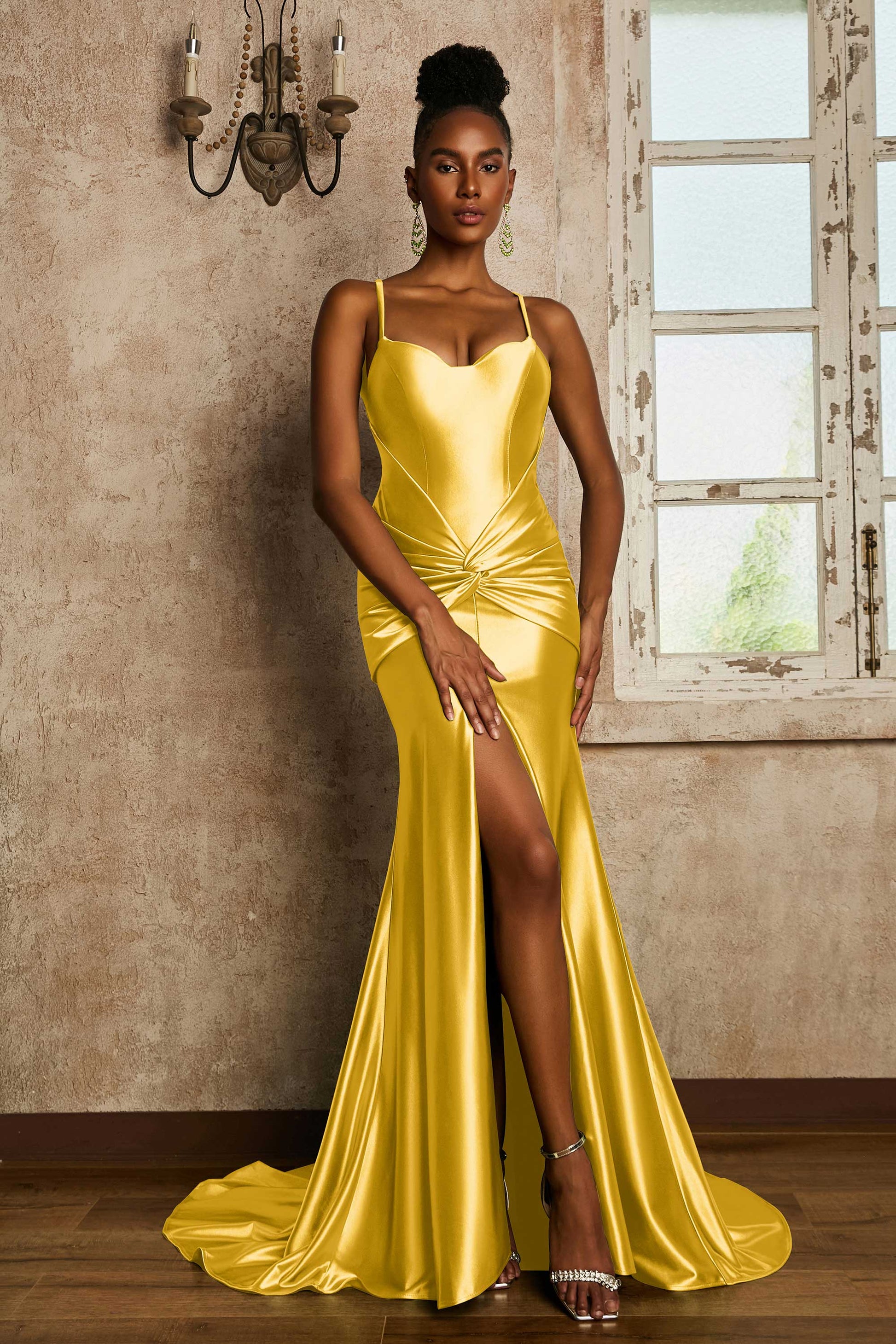 Duntery Prom Dress Spaghetti Straps Pleated Stretch Satin Slit Dresses, Marigold Duntery Prom Dress Spaghetti Straps Pleated Stretch Satin Slit Dresses, Marigold