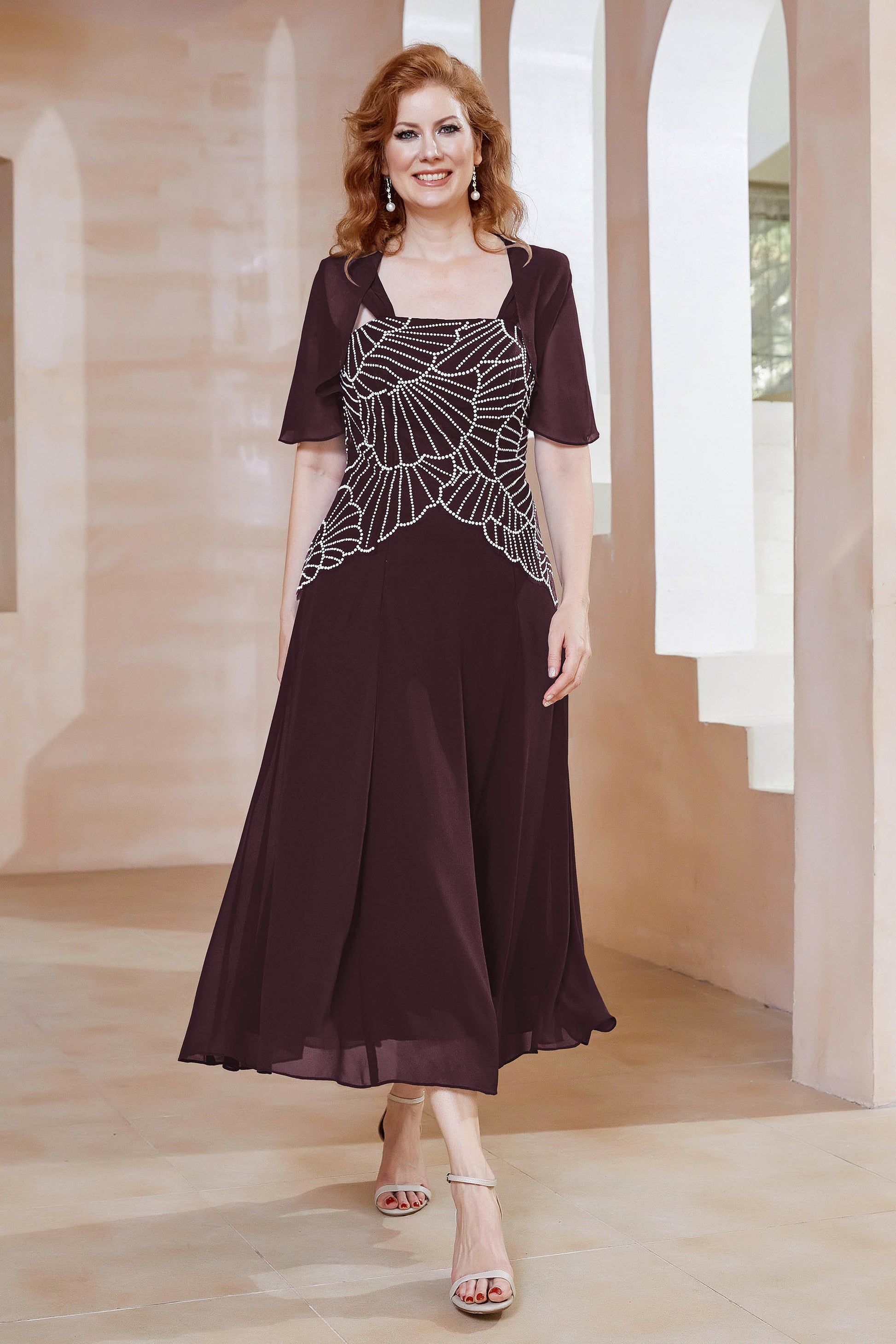 Duntery Beaded A-Line Short Sleeves Chiffon Dress, Sunset Duntery Beaded A-Line Short Sleeves Chiffon Dress, Sunset