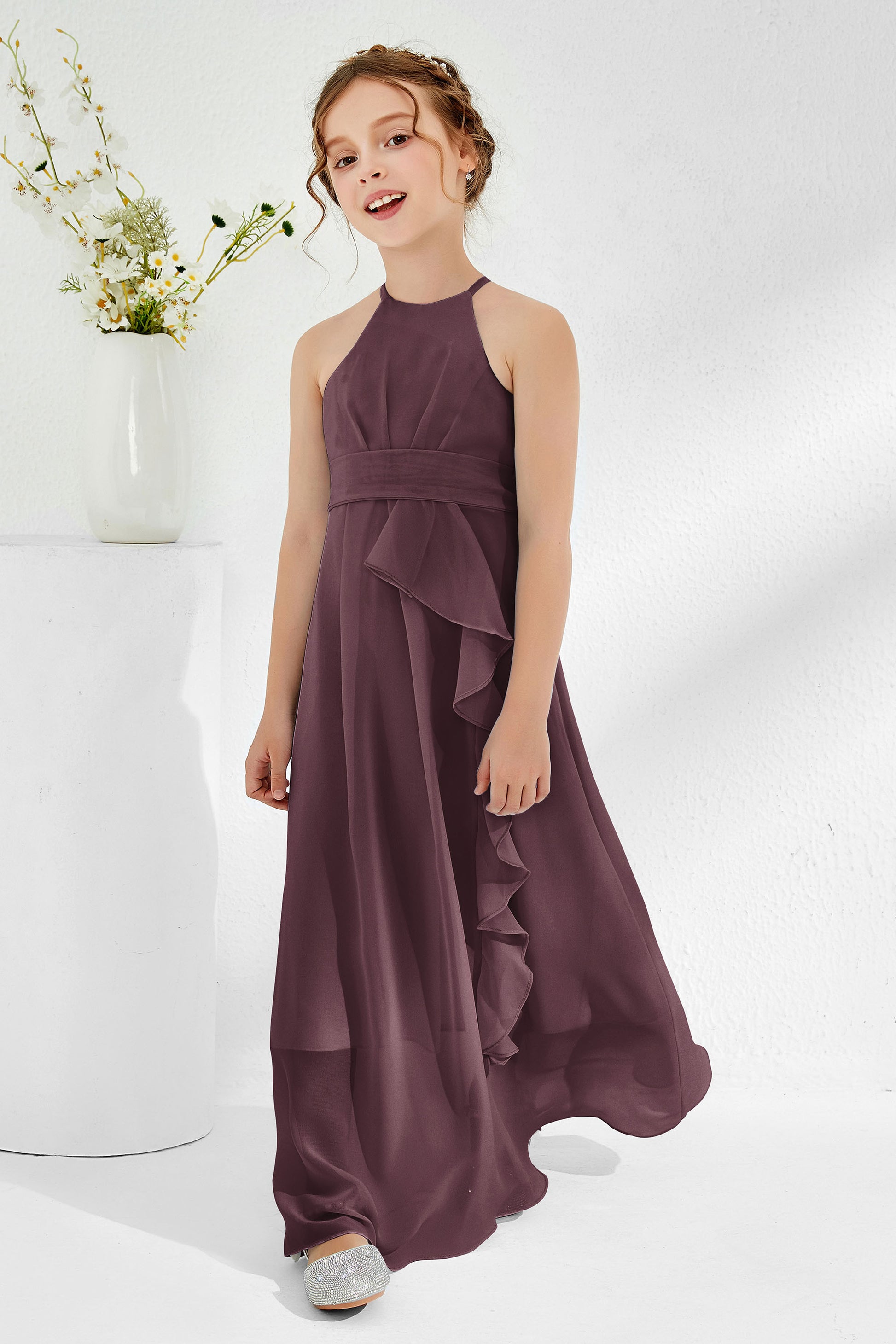 Duntery Ruffles Halter Neckline Chiffon Junior Bridesmaid Dress, Cabernet Duntery Ruffles Halter Neckline Chiffon Junior Bridesmaid Dress, Cabernet