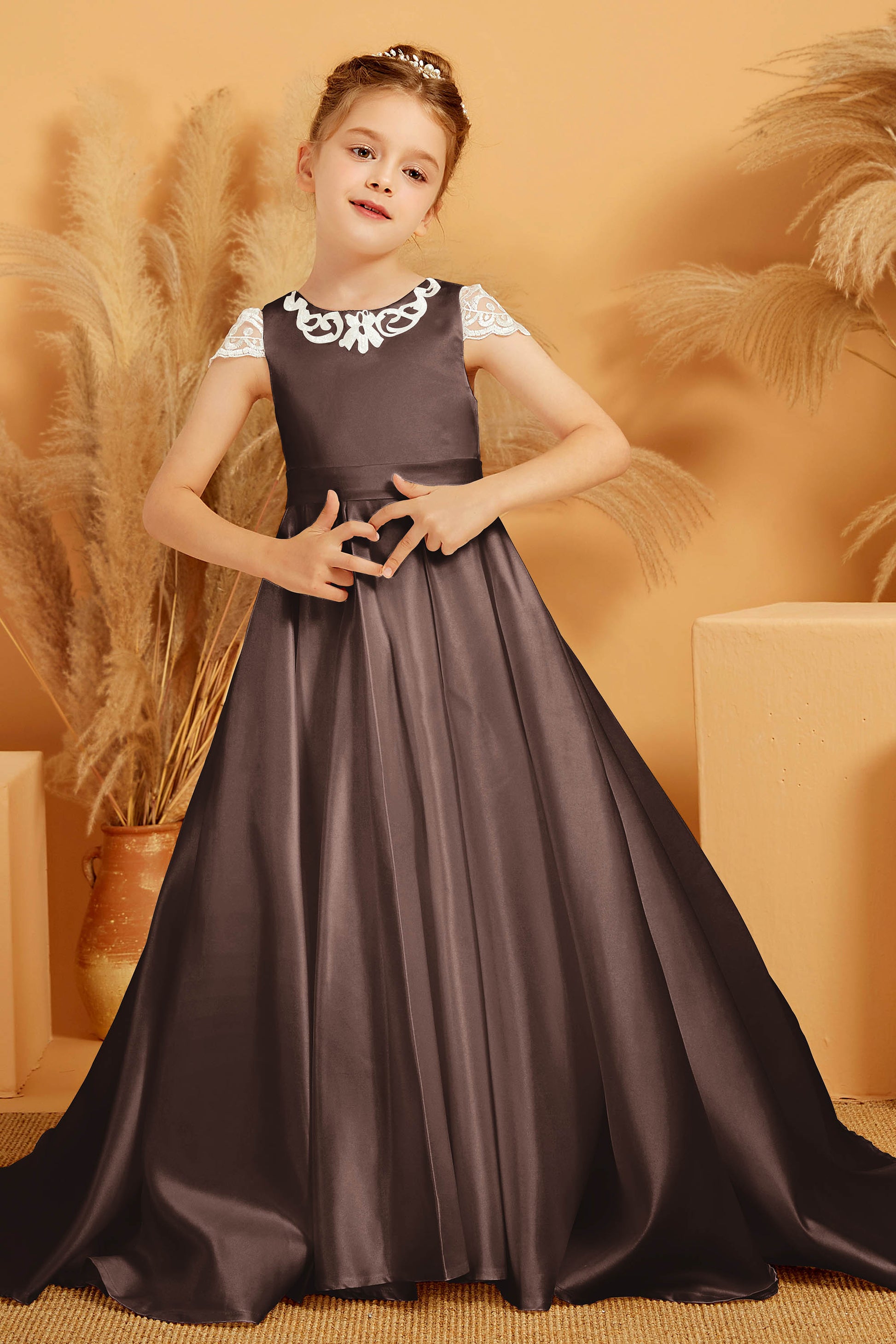 Lace Sleeves Satin Flower Girl Dress Sweep Train – DUNTERY