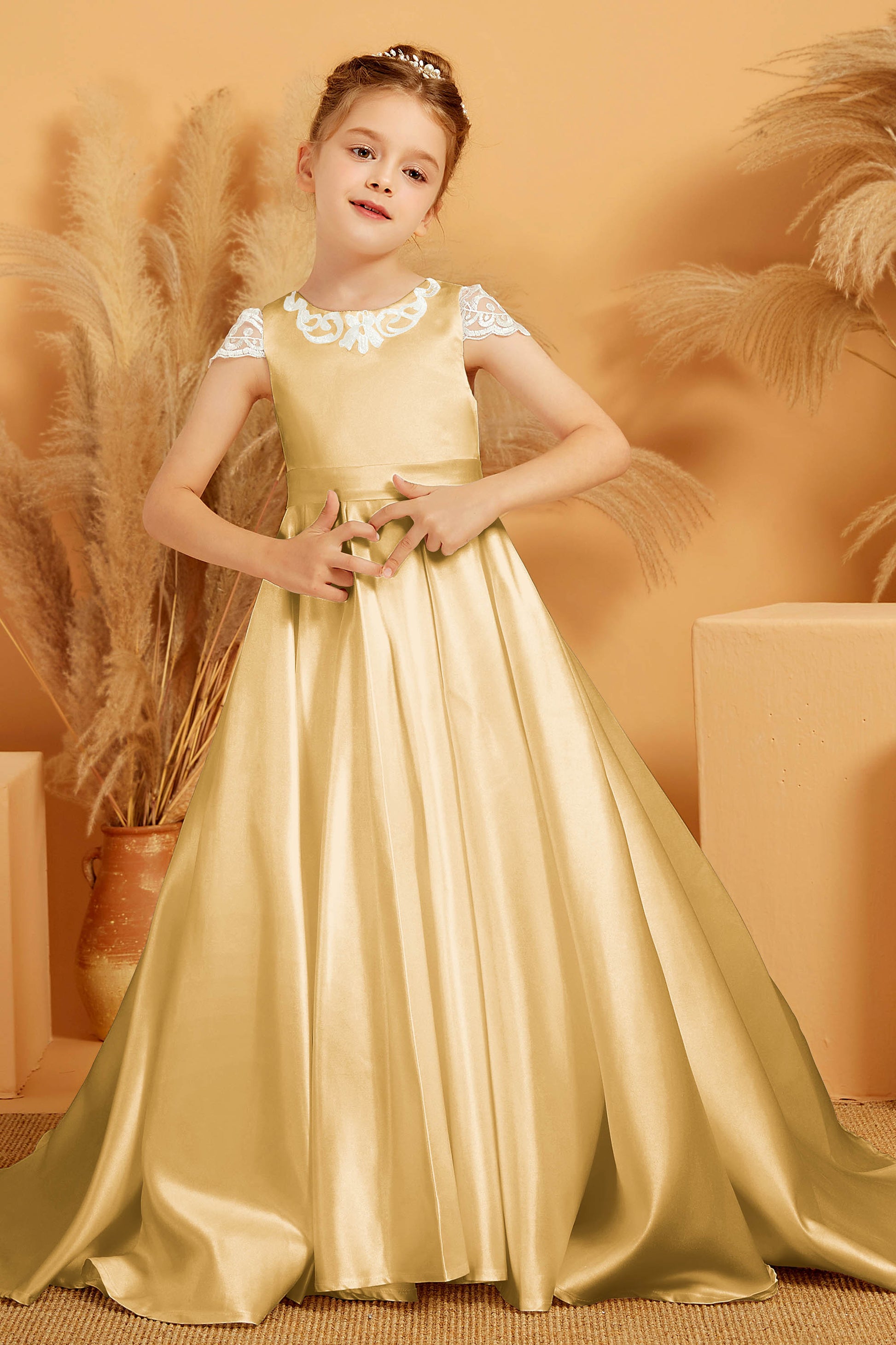 Lace Sleeves Satin Flower Girl Dress Sweep Train – DUNTERY