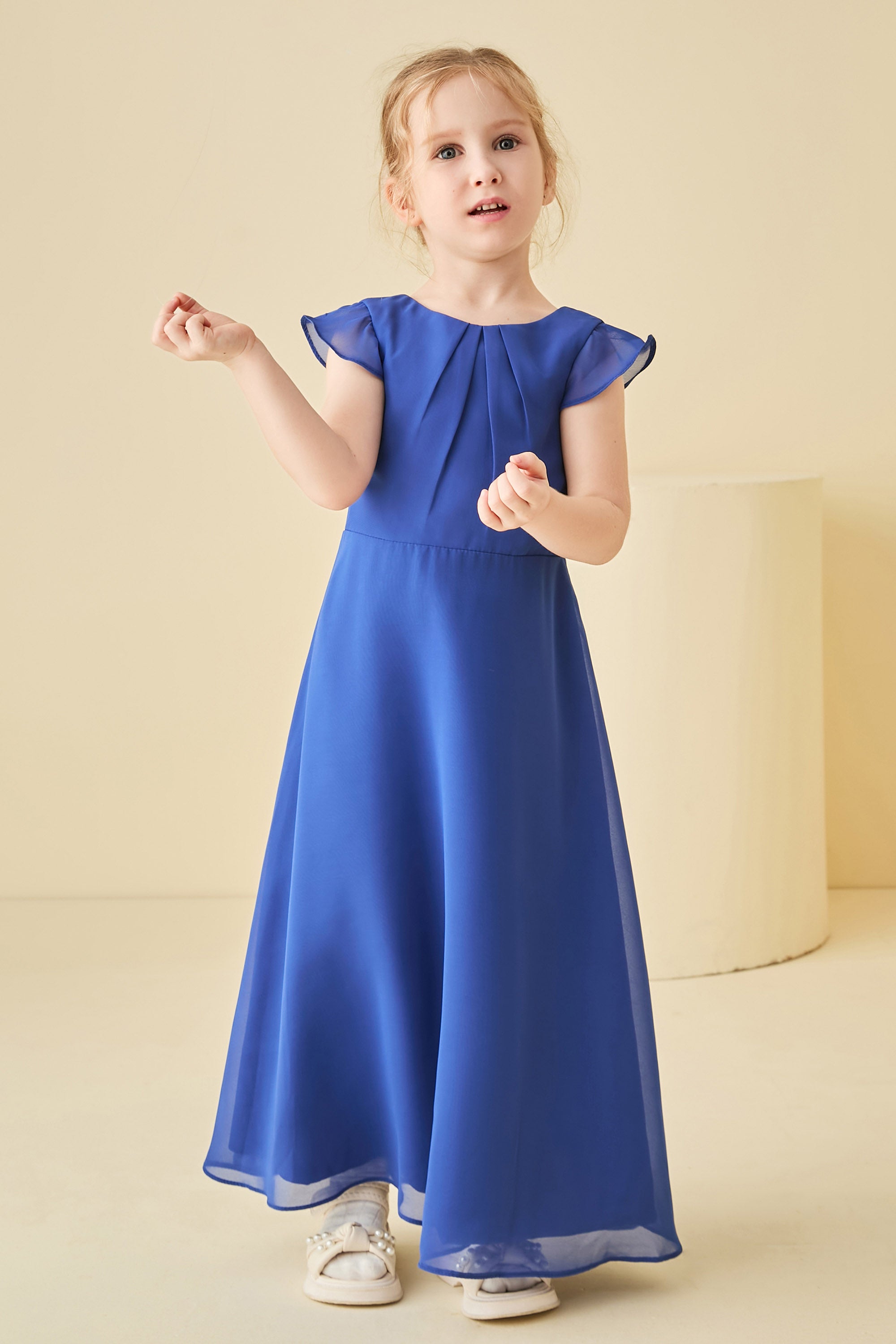 Jewel Neck Flutter Sleeves Chiffon Long Bridesmaid Dress – DUNTERY