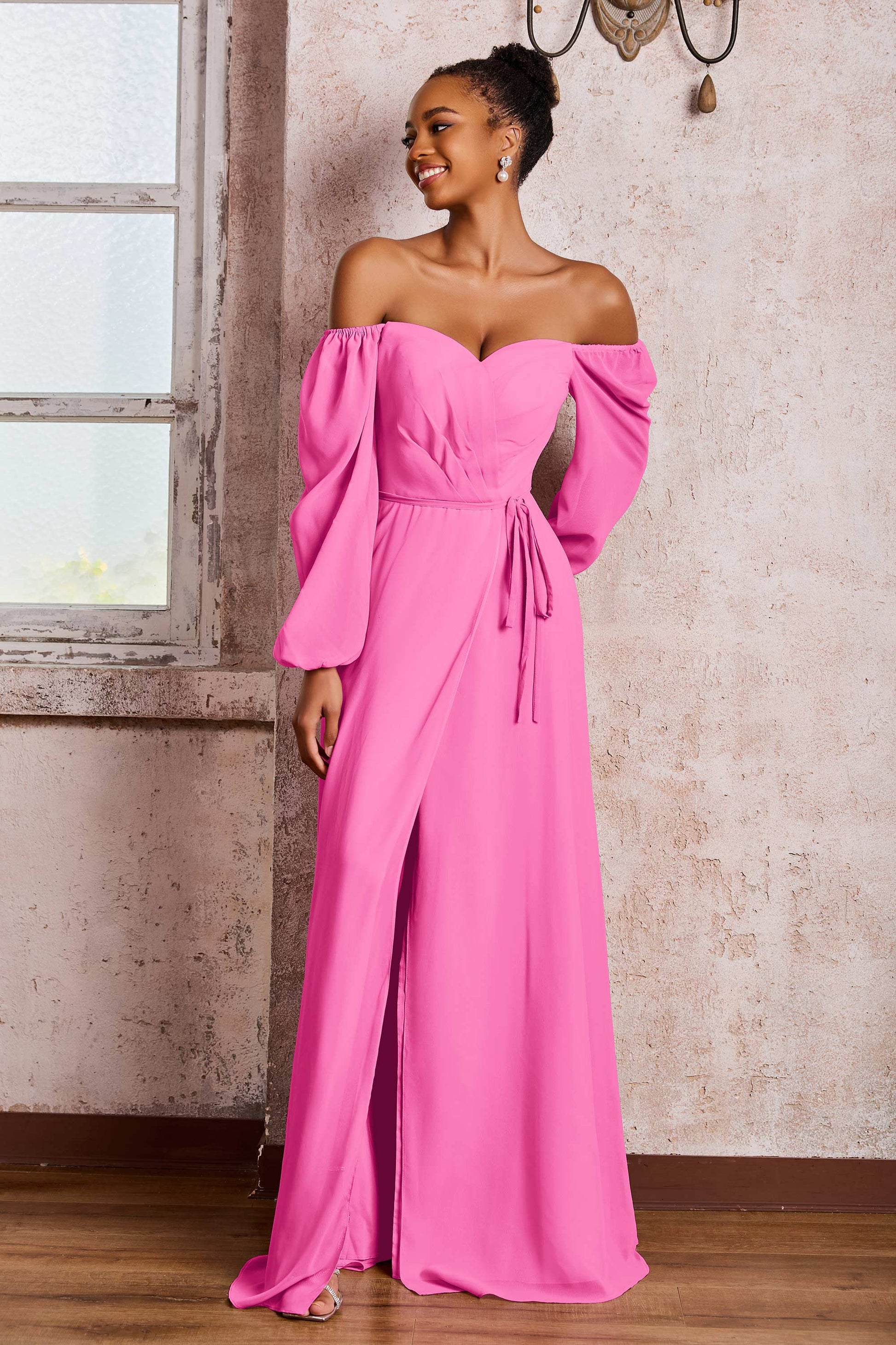 Duntery Off Shoulder Long Sleeves Chiffon Long Slit Dresses, Dusty-Sage Duntery Off Shoulder Long Sleeves Chiffon Long Slit Dresses, Dusty-Sage