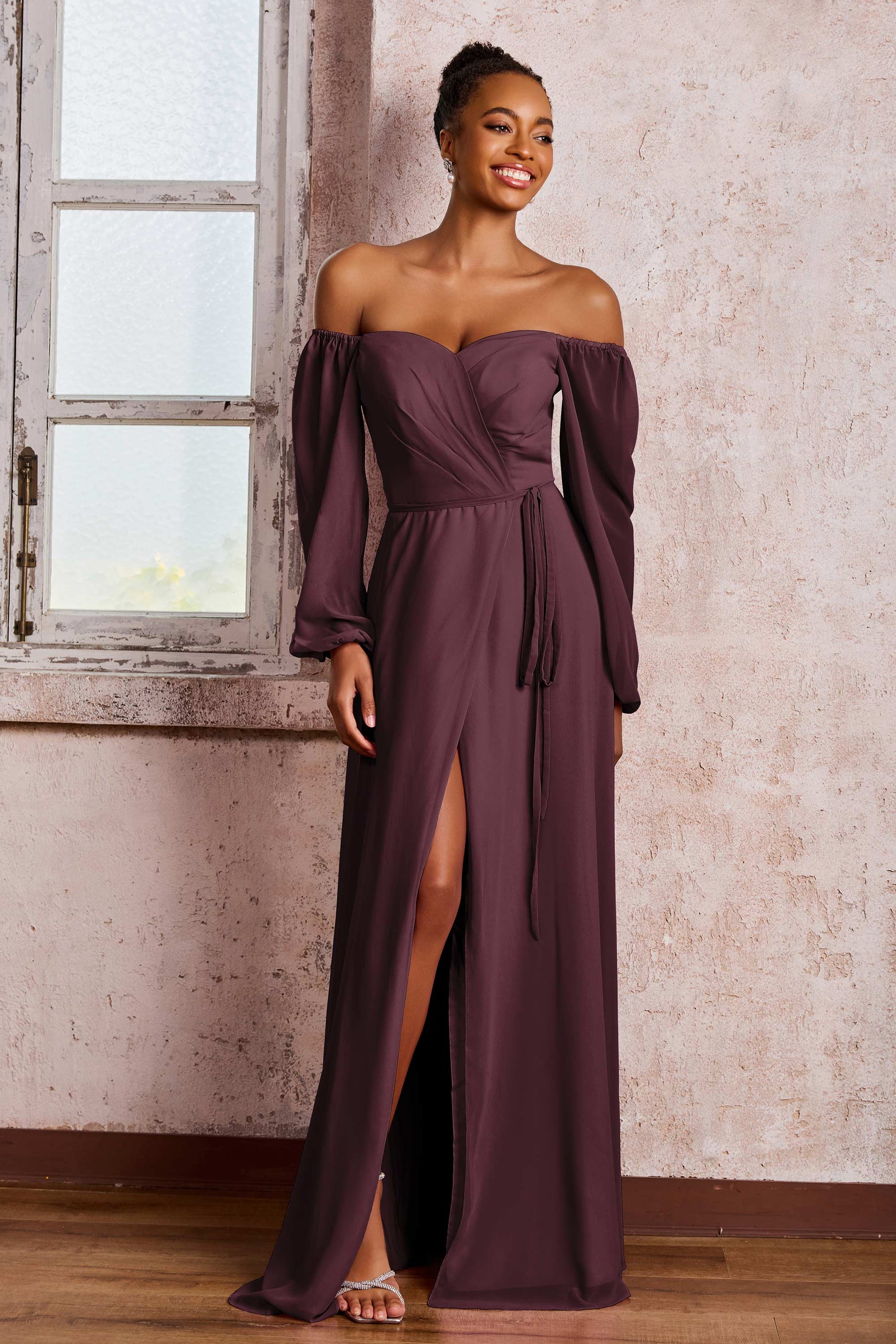 Duntery Off Shoulder Long Sleeves Chiffon Long Slit Dresses, Dusty-Sage Duntery Off Shoulder Long Sleeves Chiffon Long Slit Dresses, Dusty-Sage