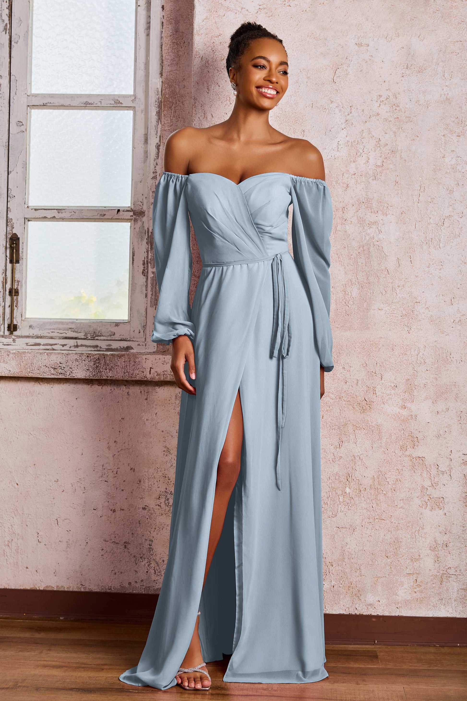 long off the shoulder dress with sleeves sleeve satin wedding Hang Dry Mother of the Bride Dress