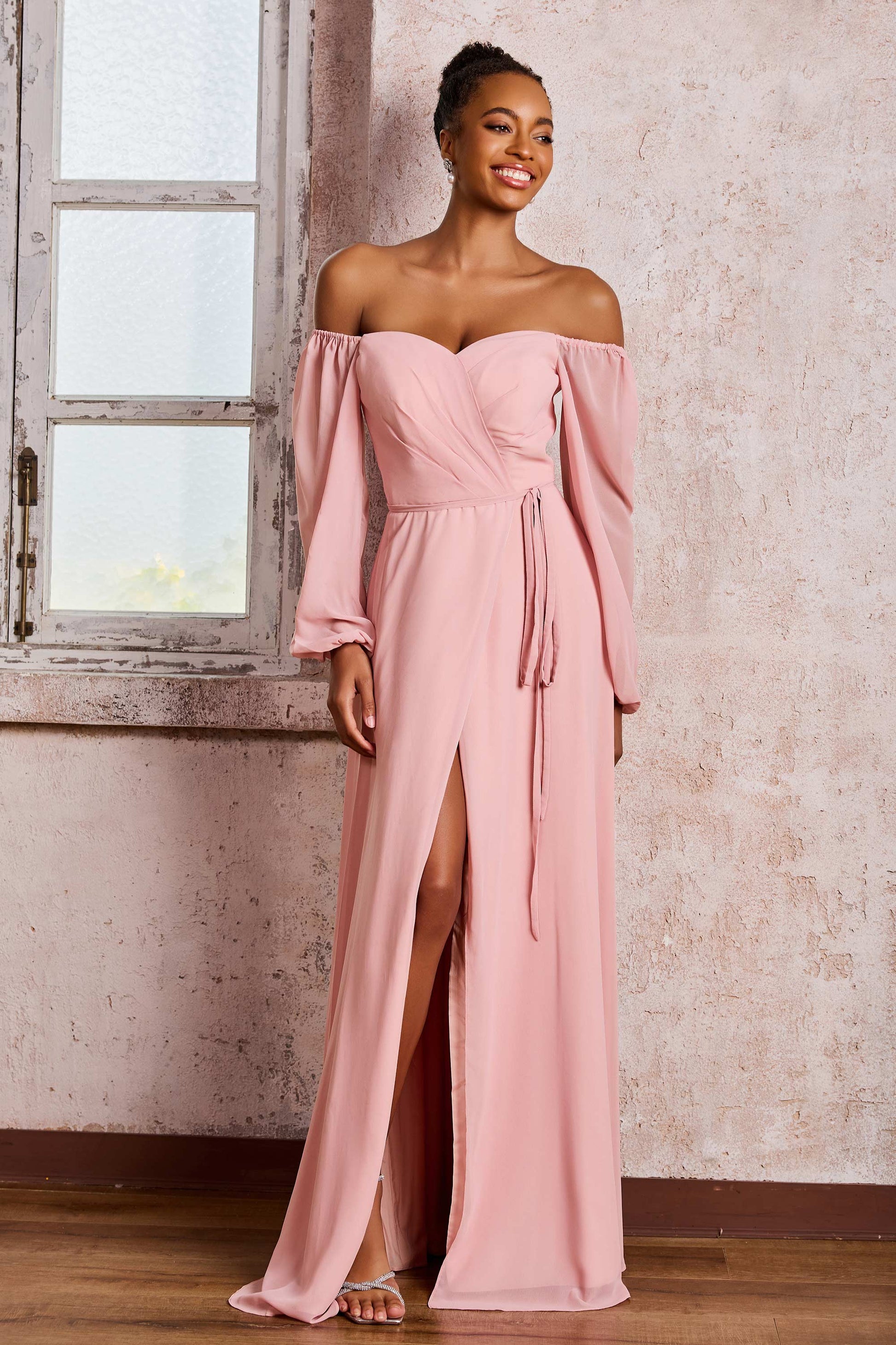 Duntery Off Shoulder Long Sleeves Chiffon Long Slit Dresses, Dusty-Sage Duntery Off Shoulder Long Sleeves Chiffon Long Slit Dresses, Dusty-Sage