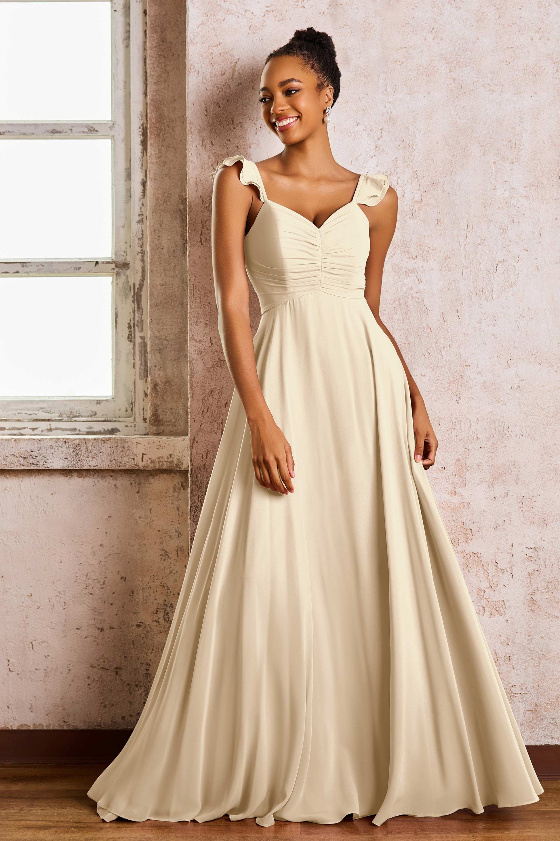 Duntery Bridesmaid Dress Flutter Sleeves V-neck Chiffon Long Dress, Champagne Duntery Bridesmaid Dress Flutter Sleeves V-neck Chiffon Long Dress, Champagne