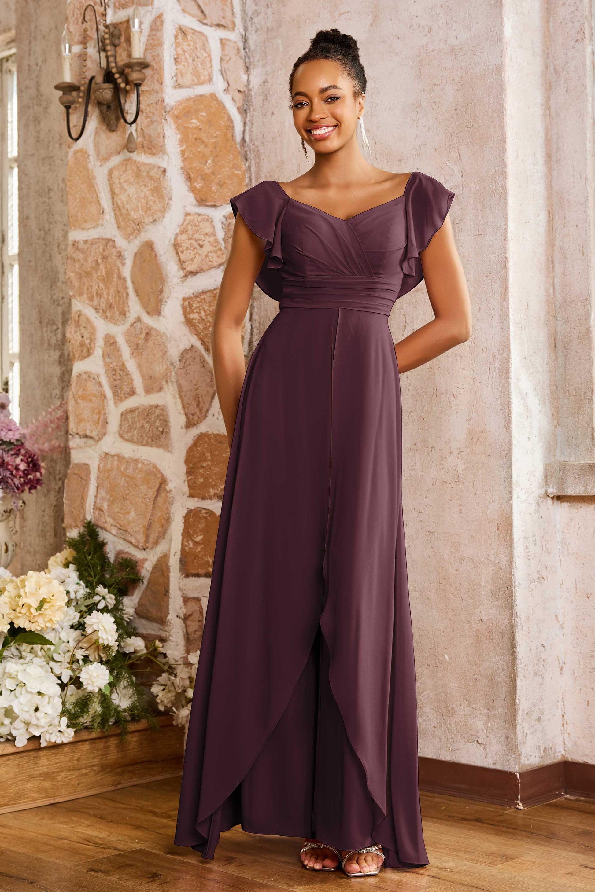 Duntery V-Neck Flutter Sleeves Chiffon Long Dresses, Dark-Green Duntery V-Neck Flutter Sleeves Chiffon Long Dresses, Dark-Green