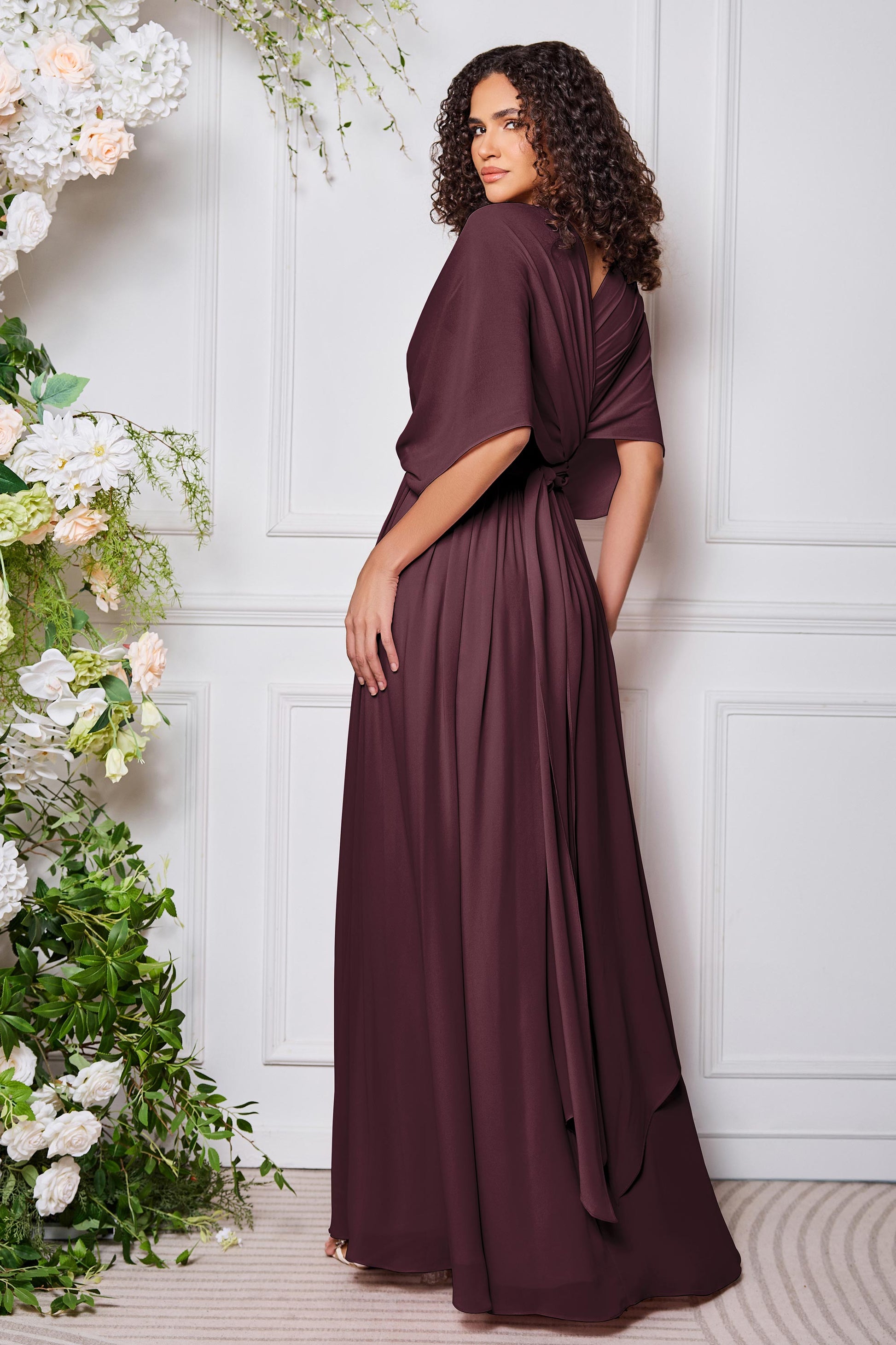 Duntery Bridesmaid Dress Chiffon A-Line Long Dress With Butterfly Sleeves, Silver Duntery Bridesmaid Dress Chiffon A-Line Long Dress With Butterfly Sleeves, Silver