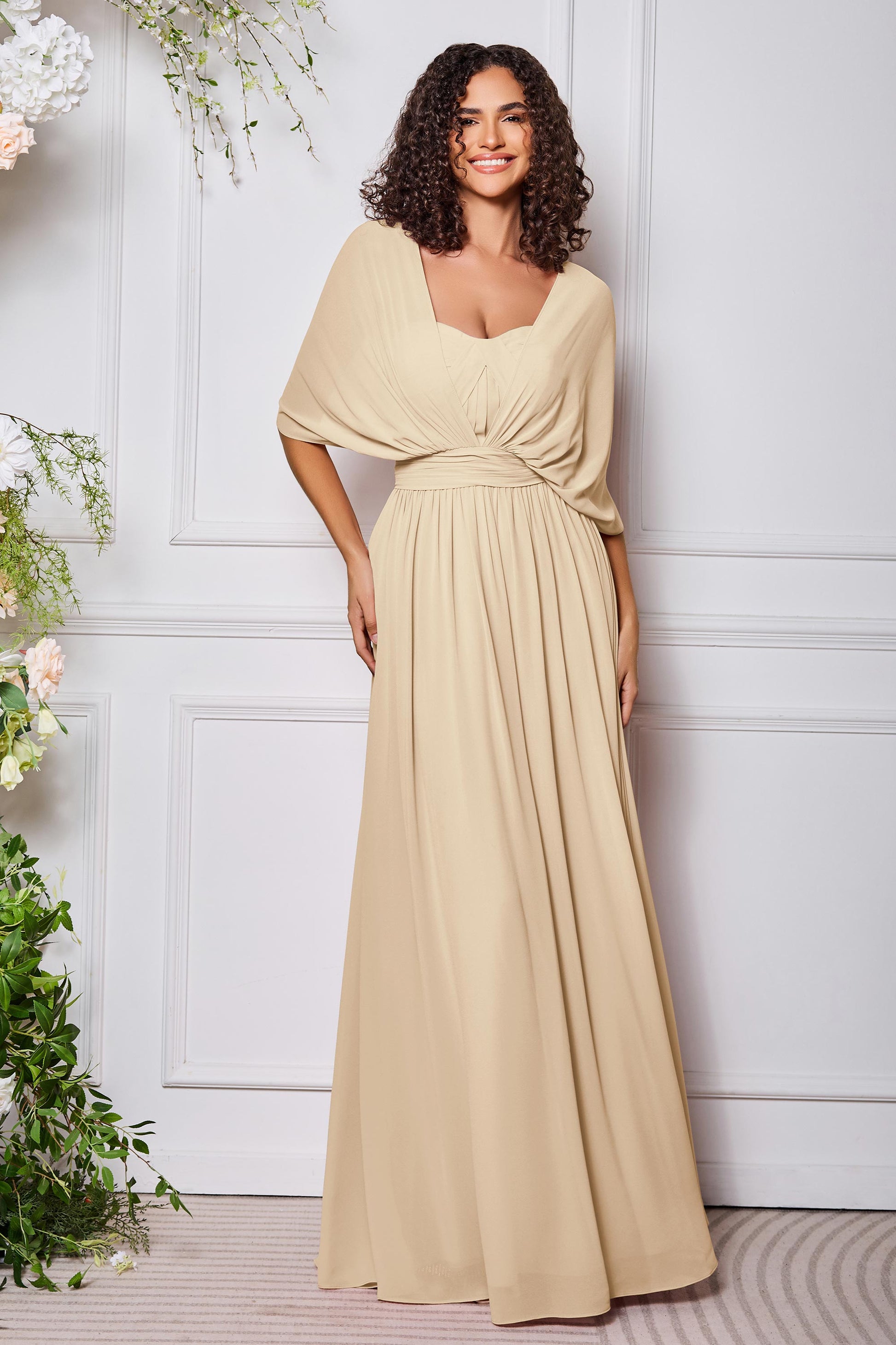 butterfly sleeve bridesmaid dress B233057 Charming Poly Chiffon Dress with Mod Square Neckline and Butterfly Sleeves