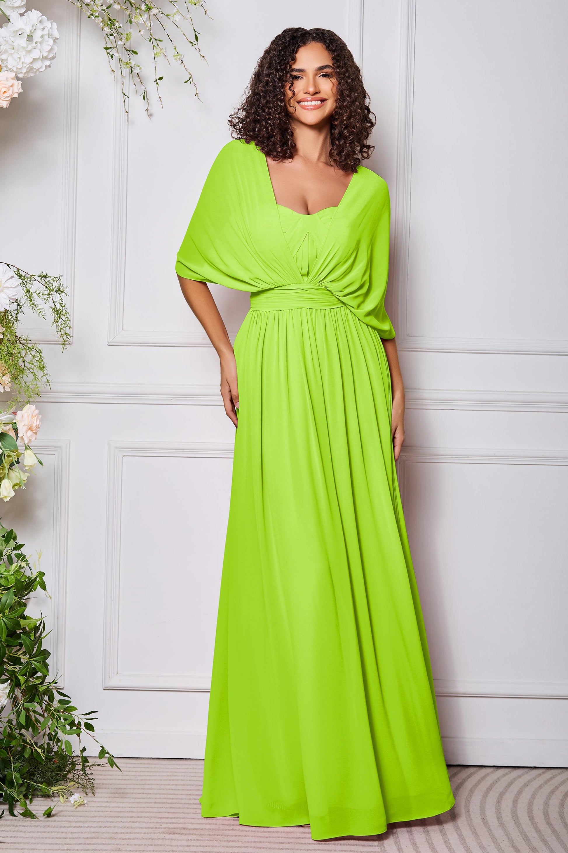 Duntery Bridesmaid Dress Chiffon A-Line Long Dress With Butterfly Sleeves, Lemon Duntery Bridesmaid Dress Chiffon A-Line Long Dress With Butterfly Sleeves, Lemon