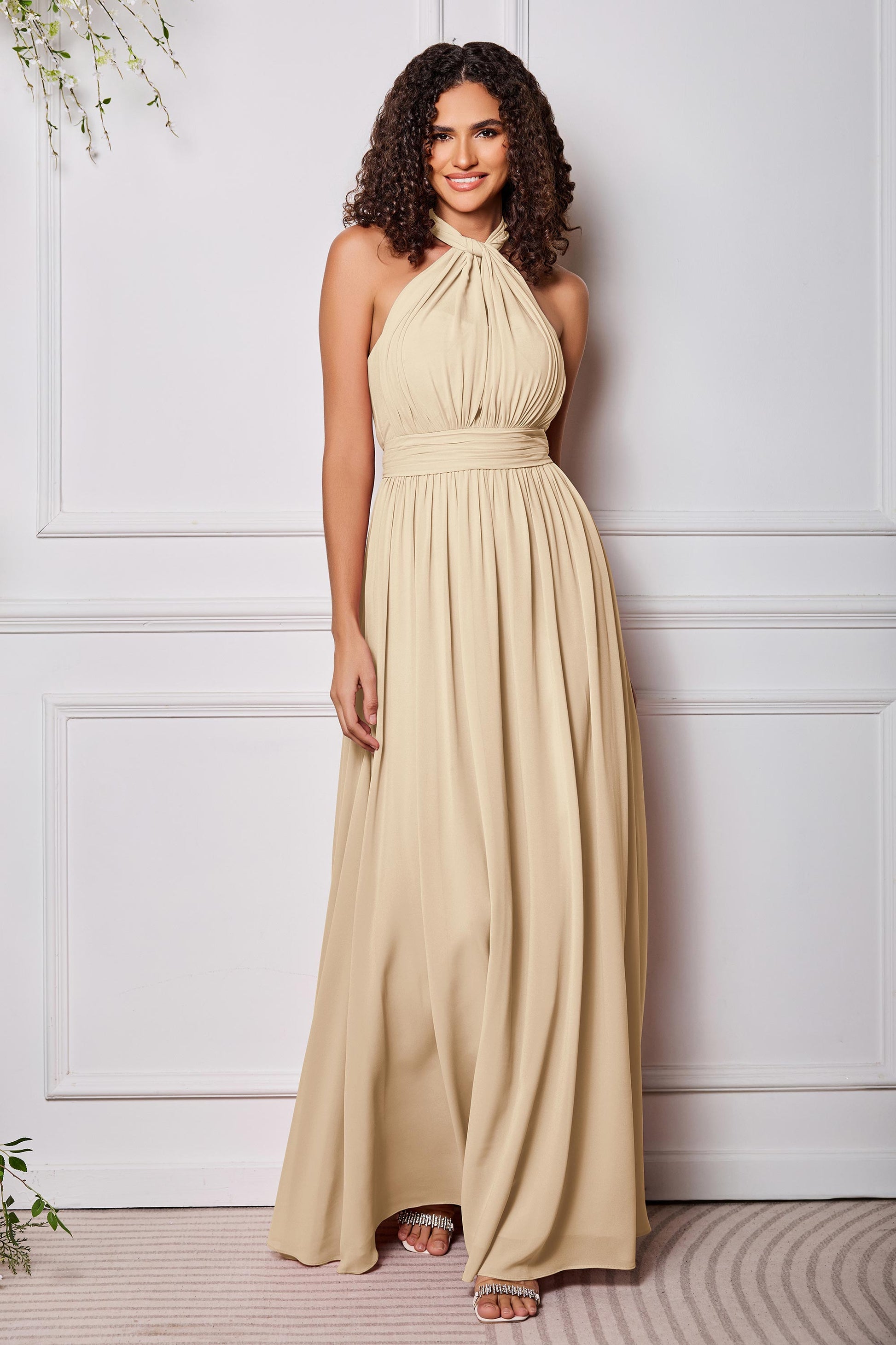 Duntery Bridesmaid Dress Chiffon V-neck Long Dress With Bowknot, White Duntery Bridesmaid Dress Chiffon V-neck Long Dress With Bowknot, White
