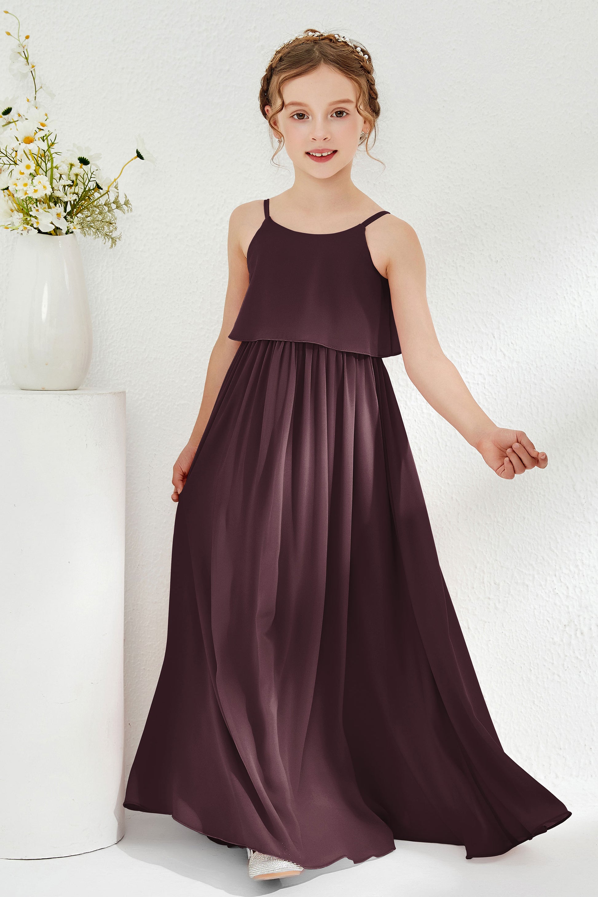 Duntery Scoop Neckline Ruched Chiffon Junior Bridesmaid Dress, Brown Duntery Scoop Neckline Ruched Chiffon Junior Bridesmaid Dress, Brown