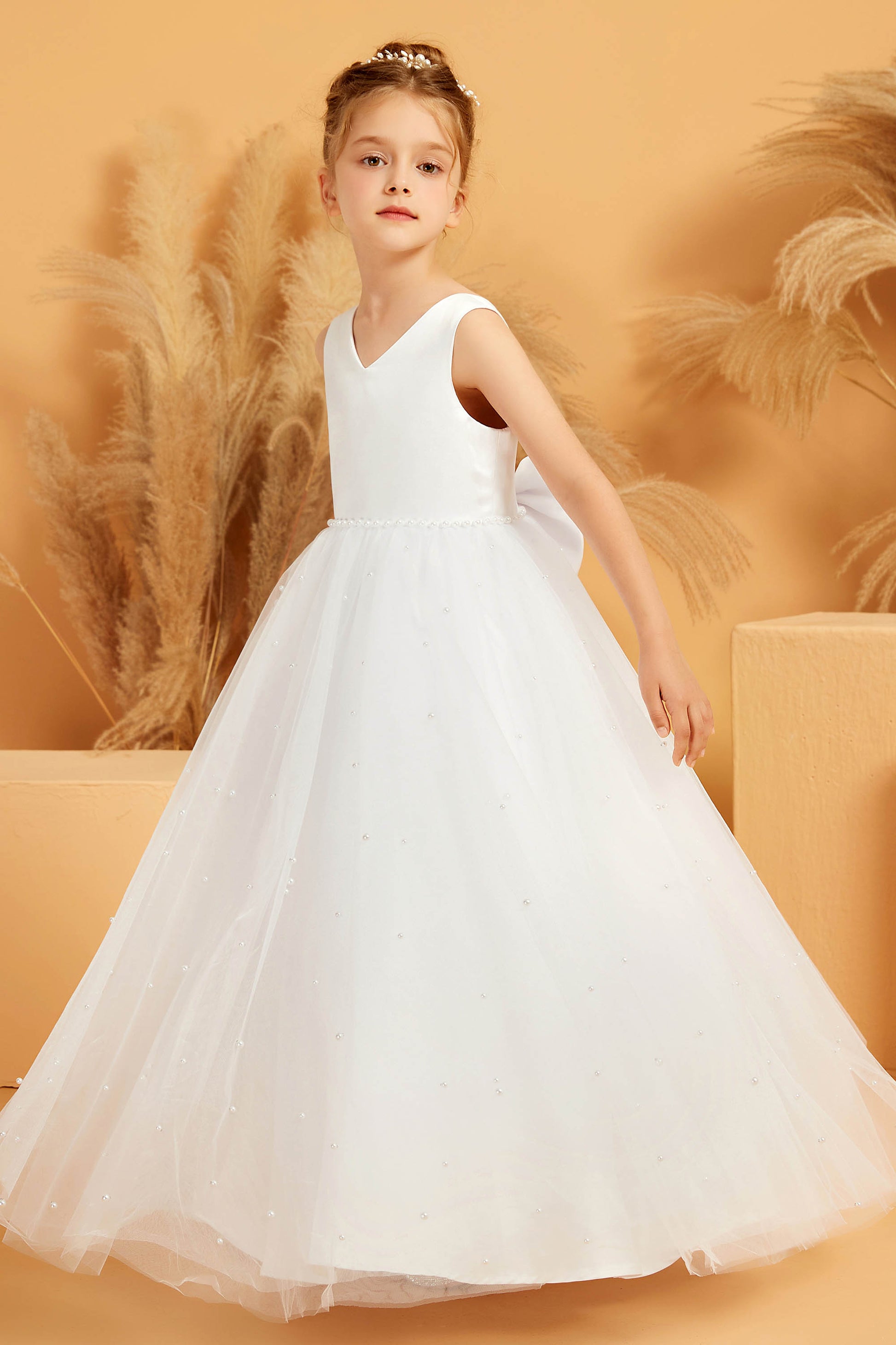Duntery Satin Top V Neck Tulle Flower Girl Dress With Bow, Champagne Duntery Satin Top V Neck Tulle Flower Girl Dress With Bow, Champagne