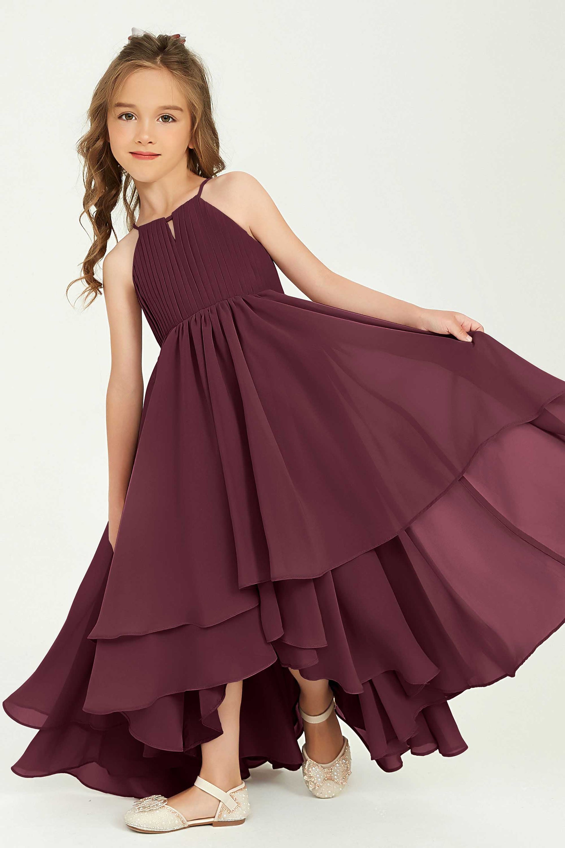 Duntery Asymmetrical Chiffon Junior Bridesmaid Dress Halter Spaghetti Straps, Mulberry Duntery Asymmetrical Chiffon Junior Bridesmaid Dress Halter Spaghetti Straps, Mulberry