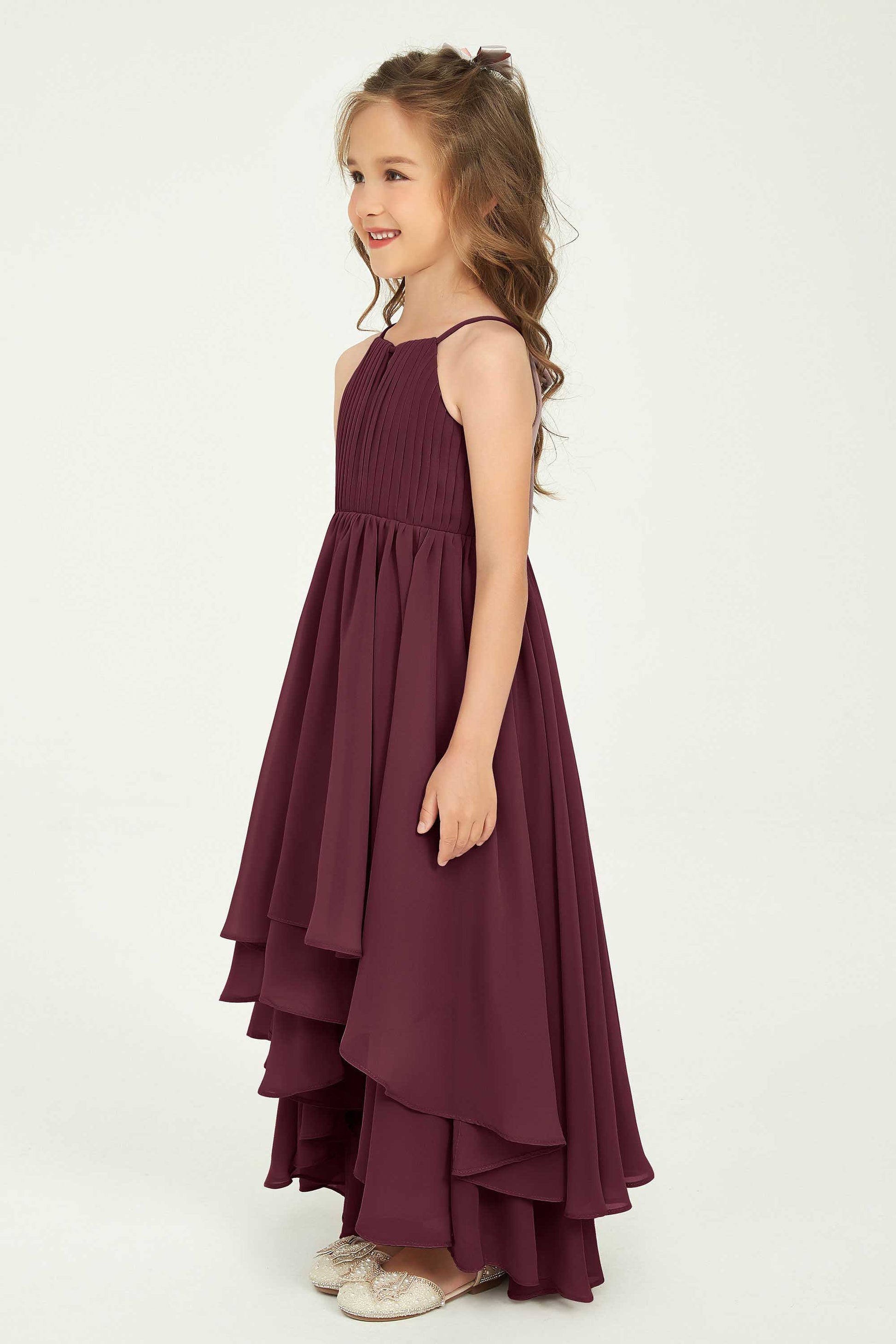 Duntery Asymmetrical Chiffon Junior Bridesmaid Dress Halter Spaghetti Straps, Mulberry Duntery Asymmetrical Chiffon Junior Bridesmaid Dress Halter Spaghetti Straps, Mulberry
