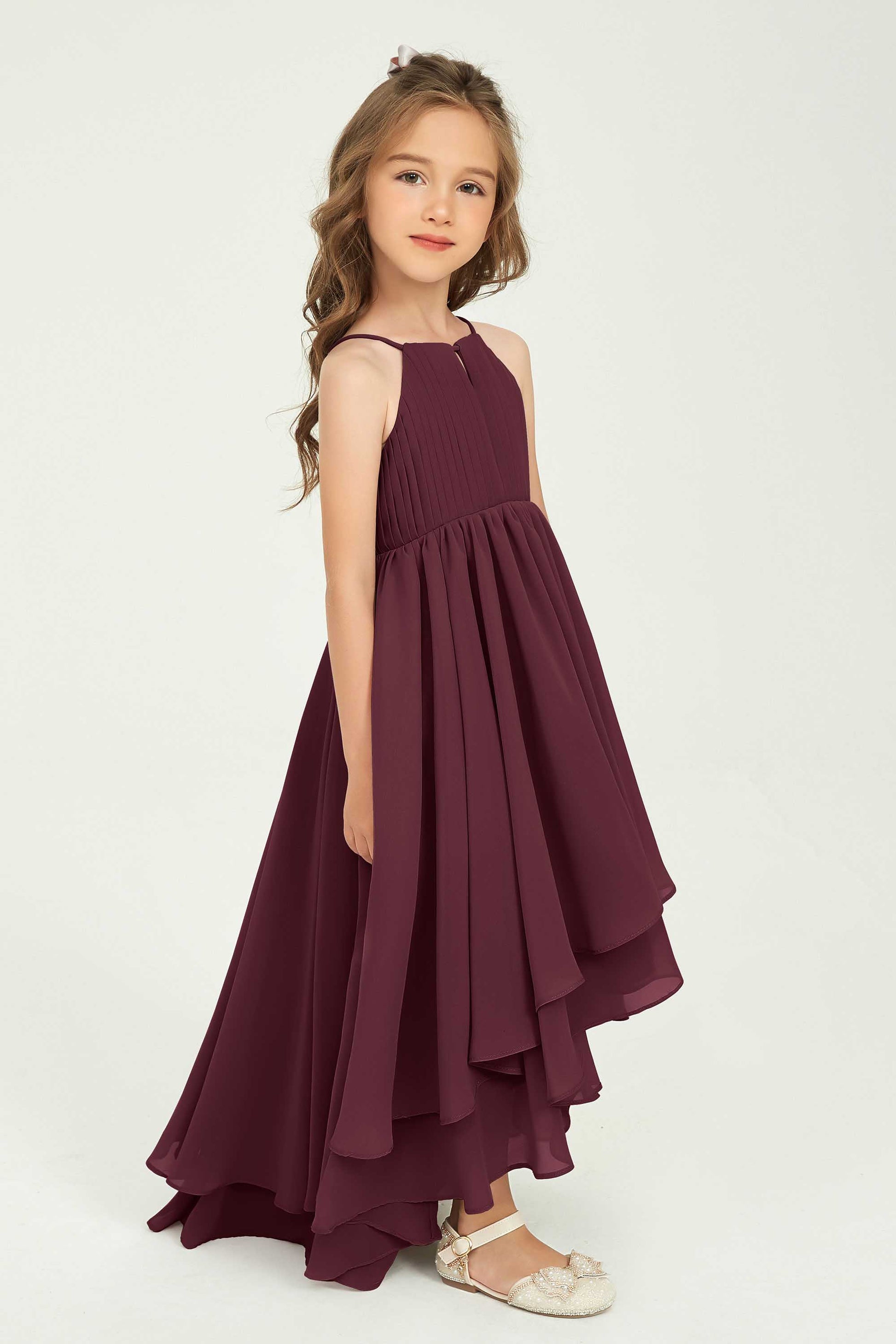 Duntery Asymmetrical Chiffon Junior Bridesmaid Dress Halter Spaghetti Straps, Mulberry Duntery Asymmetrical Chiffon Junior Bridesmaid Dress Halter Spaghetti Straps, Mulberry