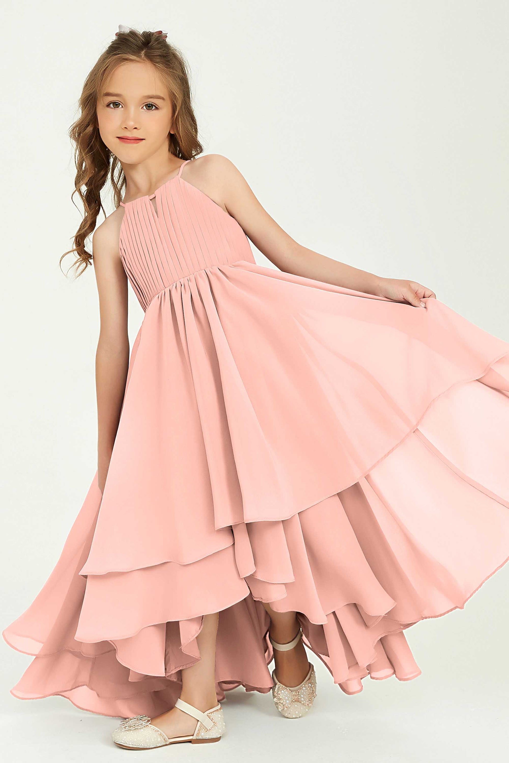 Off The Shoulder Junior Bridesmaid Dresses Pleated Chiffon Split Flower Girl Dress For Formal Wedding
