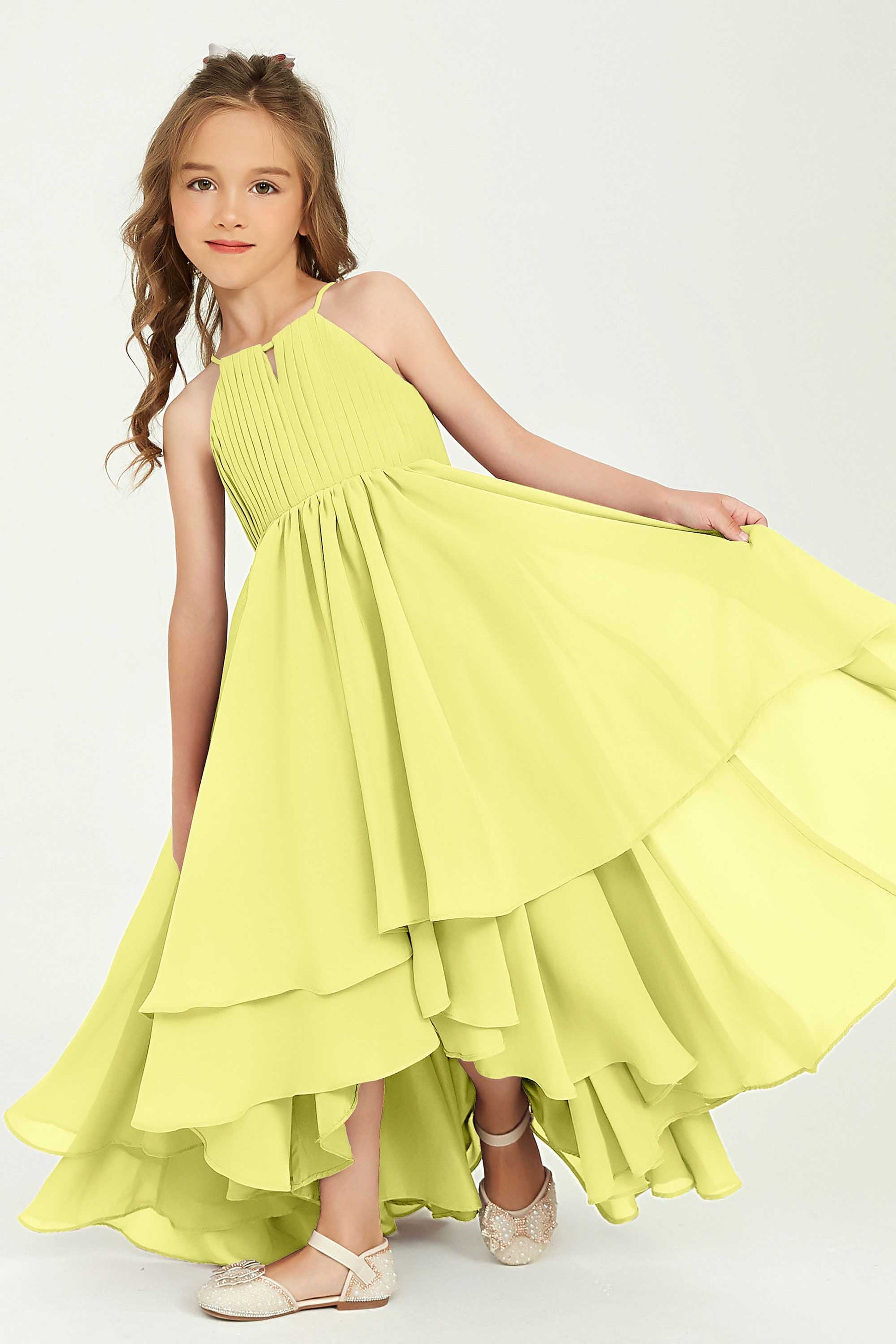 Duntery Halter Sleeveless Asymmetrical Chiffon Junior Bridesmaid Dress, Daffodil Duntery Halter Sleeveless Asymmetrical Chiffon Junior Bridesmaid Dress, Daffodil