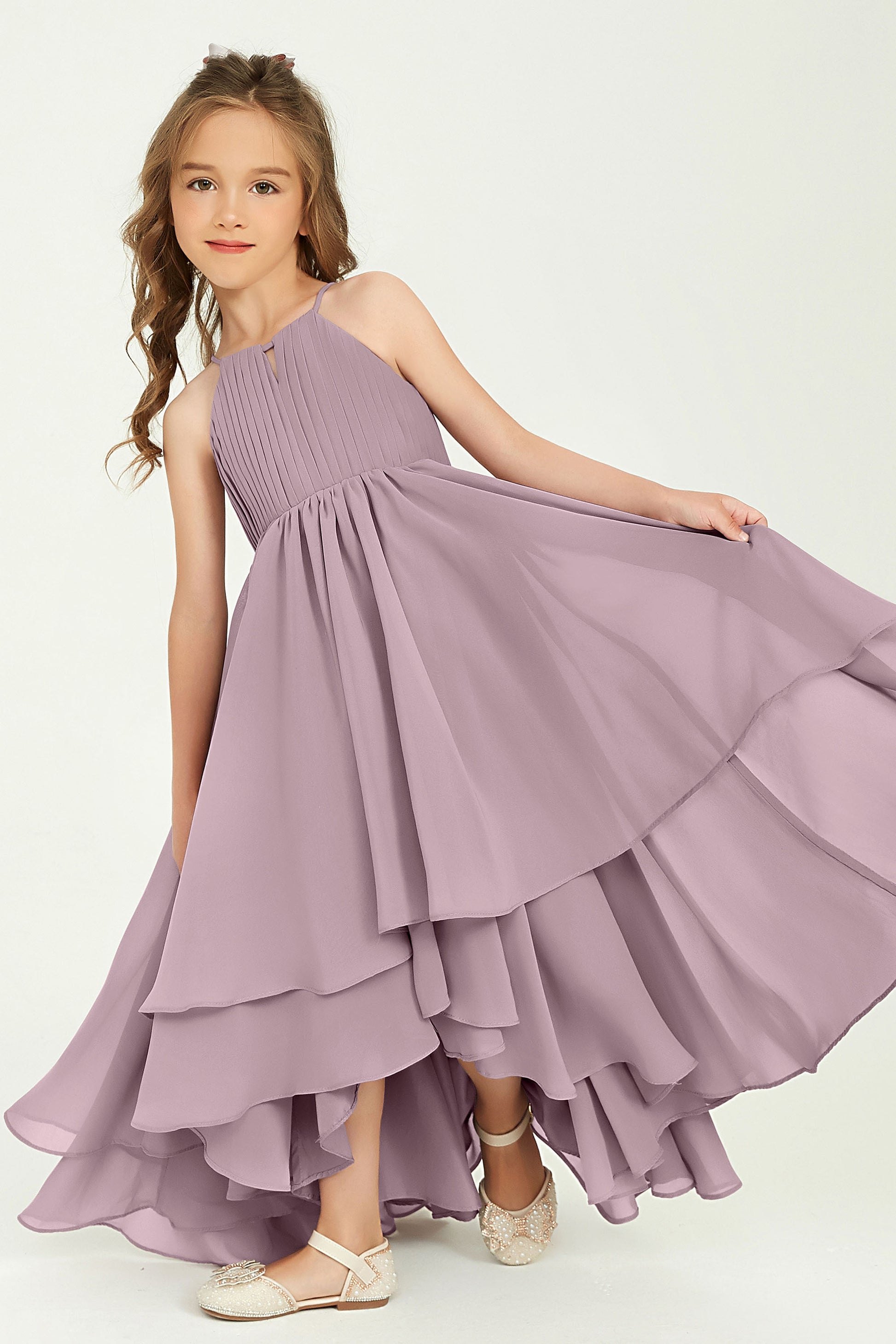 Duntery Halter Sleeveless Asymmetrical Chiffon Junior Bridesmaid Dress, Vintage-Mauve